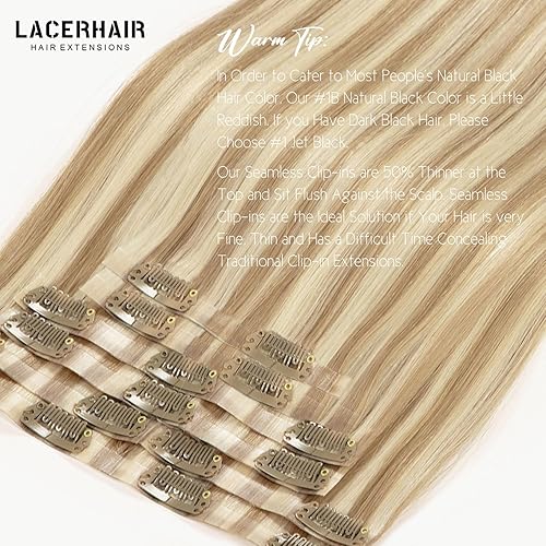 Vista 297 de Lacer Extensiones de cabello humano con clip, de doble trama, cabello brasileño de cabeza completa, color negro azabache, extensiones de cabello