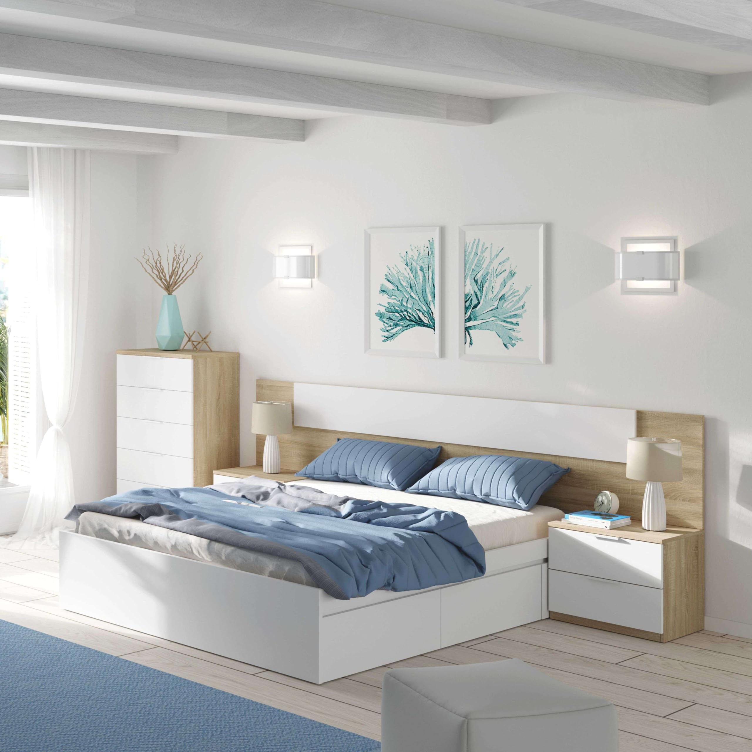 Habitdesign Cabezal + Dos Mesitas de Noche, Cabecero y Mesitas, Modelo Alaya, Acabado en Blanco Artik y Roble Canadian, Medidas: 247 cm (Ancho) x 50 cm (Alto) x 38 cm (Fondo)