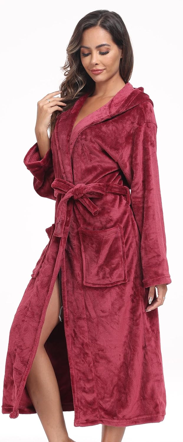 Womens Hooded Plush Bathrobe Warm Fleece Soft Long Robe Fuzzy Full Length Gown Shower Spa House Kimono for Women - Image 3