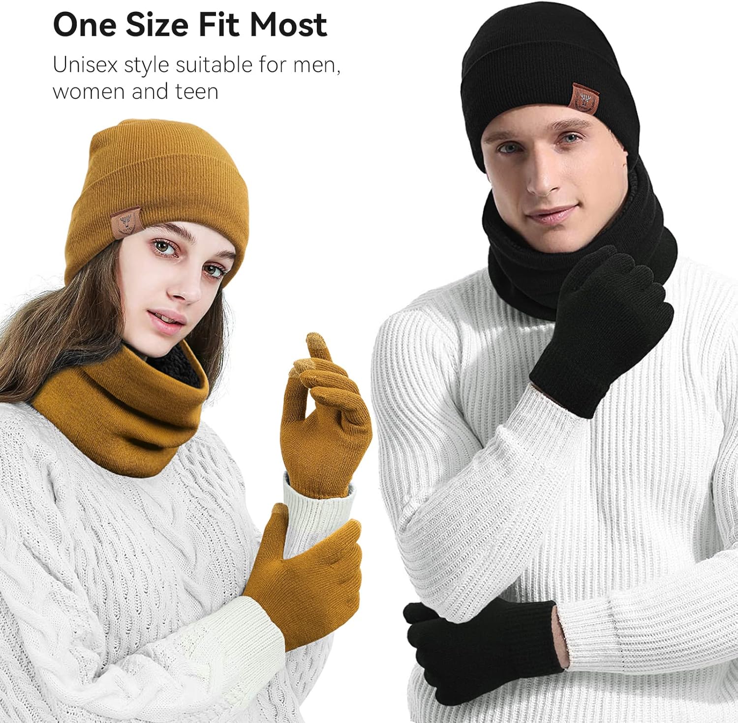 OZERO Winter Gloves Hat Scarf: Warm Knit Touchscreen Gloves and Polar Fleece Lined Beanie and Soft Neck Scarf - Image 2