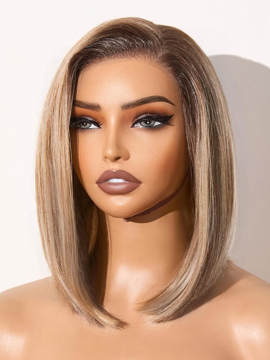 GORGIUS Blonde Bob Wig with Highlights Glueless Straight Short Synthetic Lace Front Wigs For Women Pre Cut Pre Plucked Side Part Hairline 12 Inch #OT30