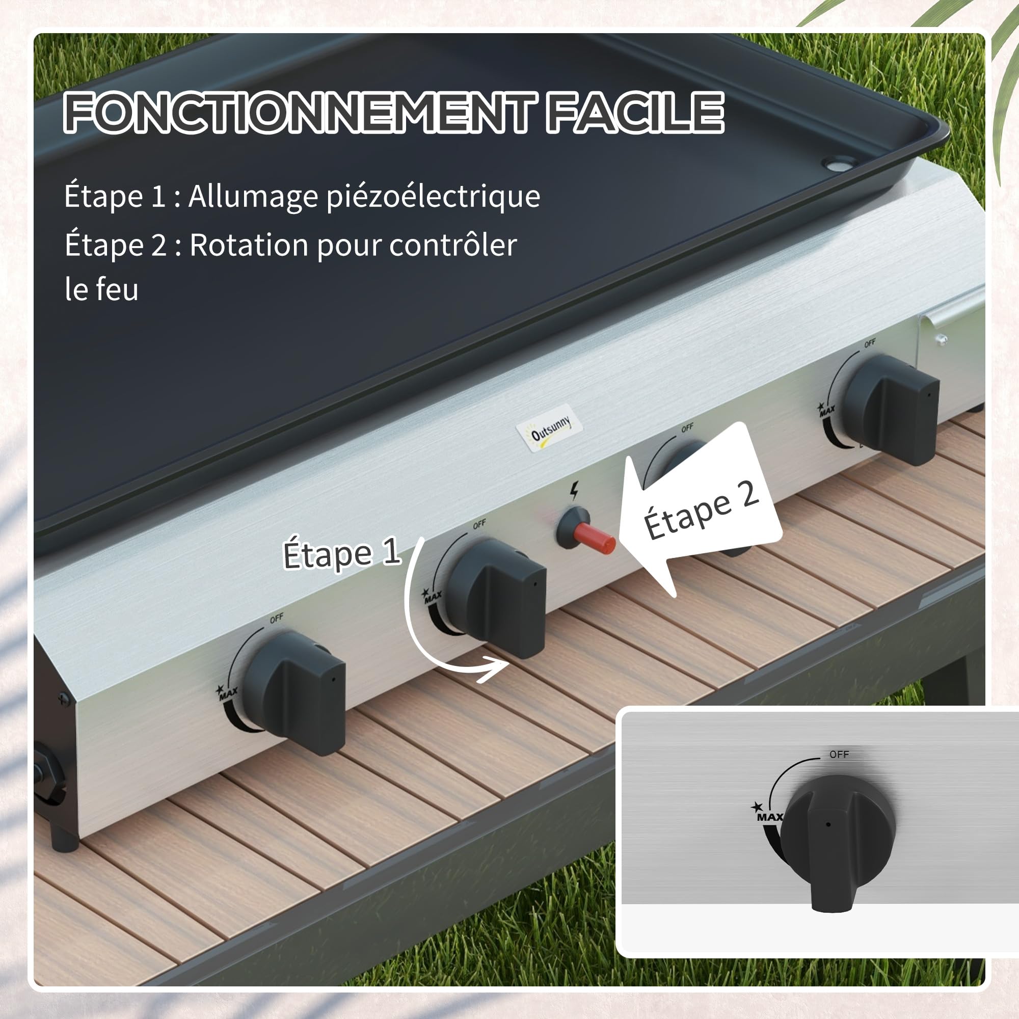 Outsunny Plancha gaz en acier inox émaillé plaque de cuisson 4 brûleurs 9,6 kW antiadhésive grande surface de cuisson 73L x 34l cm, transportable