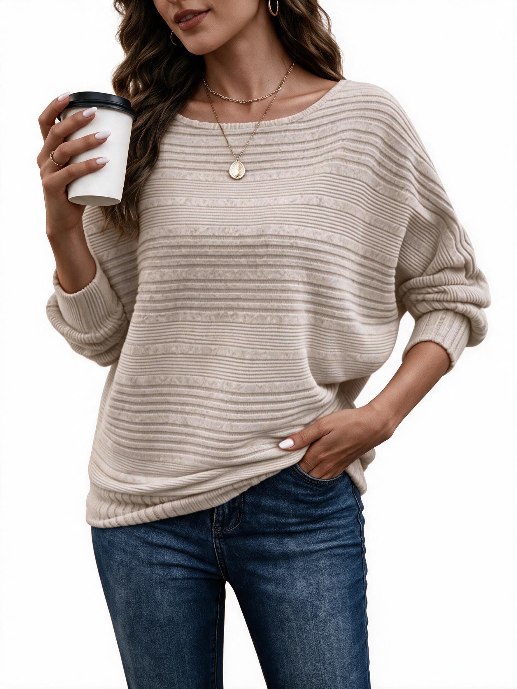 Decorie Eleganter Damen-Strickpullover mit Fledermausärmeln,Feinstrick | Weicher Feinstrick mit U-Boot-Ausschnitt Schulterfrei Tragbar für Herbst Winter Büro & Alltag