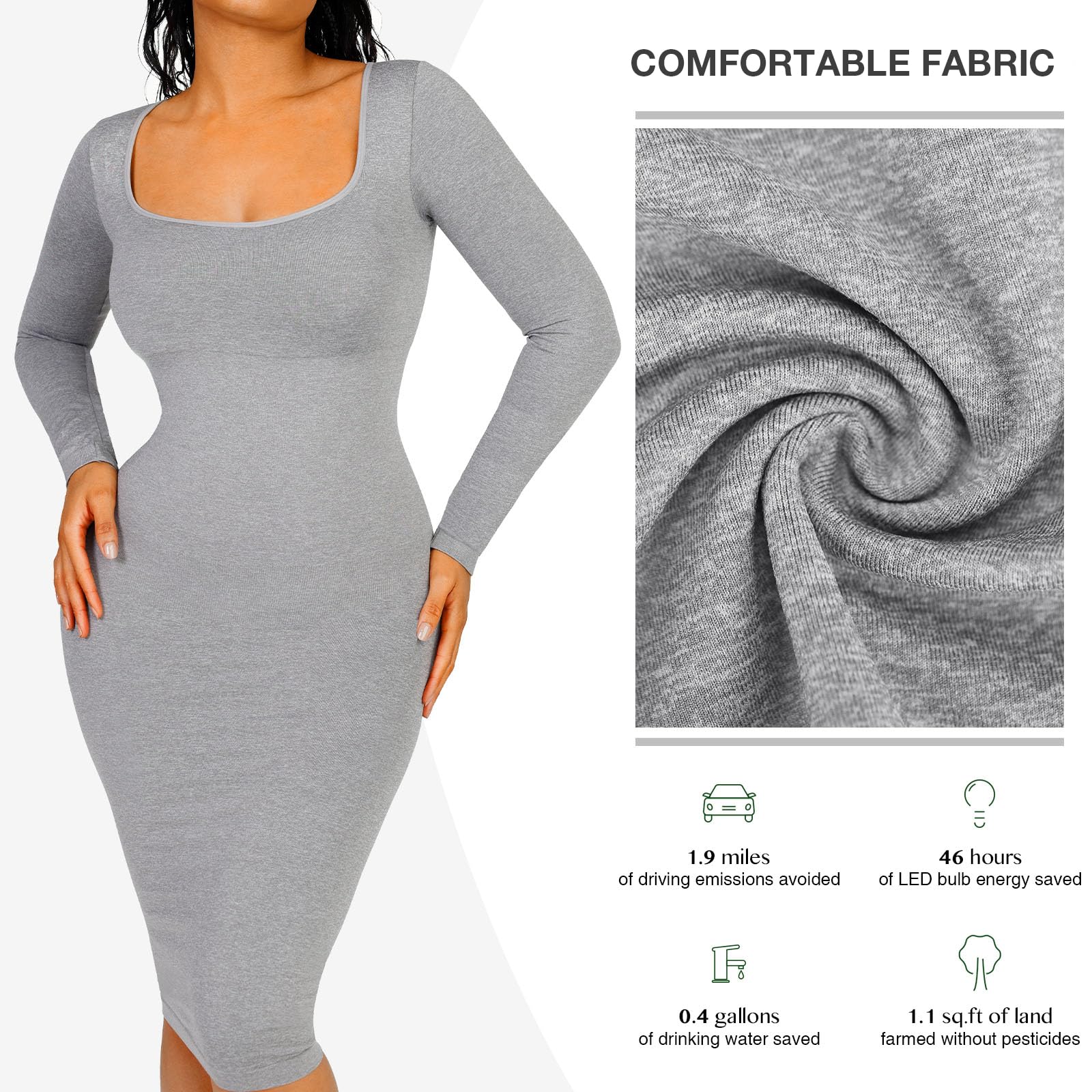 FeelinGirl Bodycon Kleid Shapewear für Damen mit Abnehmbarem BH-Pad Seamless Recyceltes Material Shaping Dress Langes mit Langarm Bauchweg Elegant Grau XL/XXL