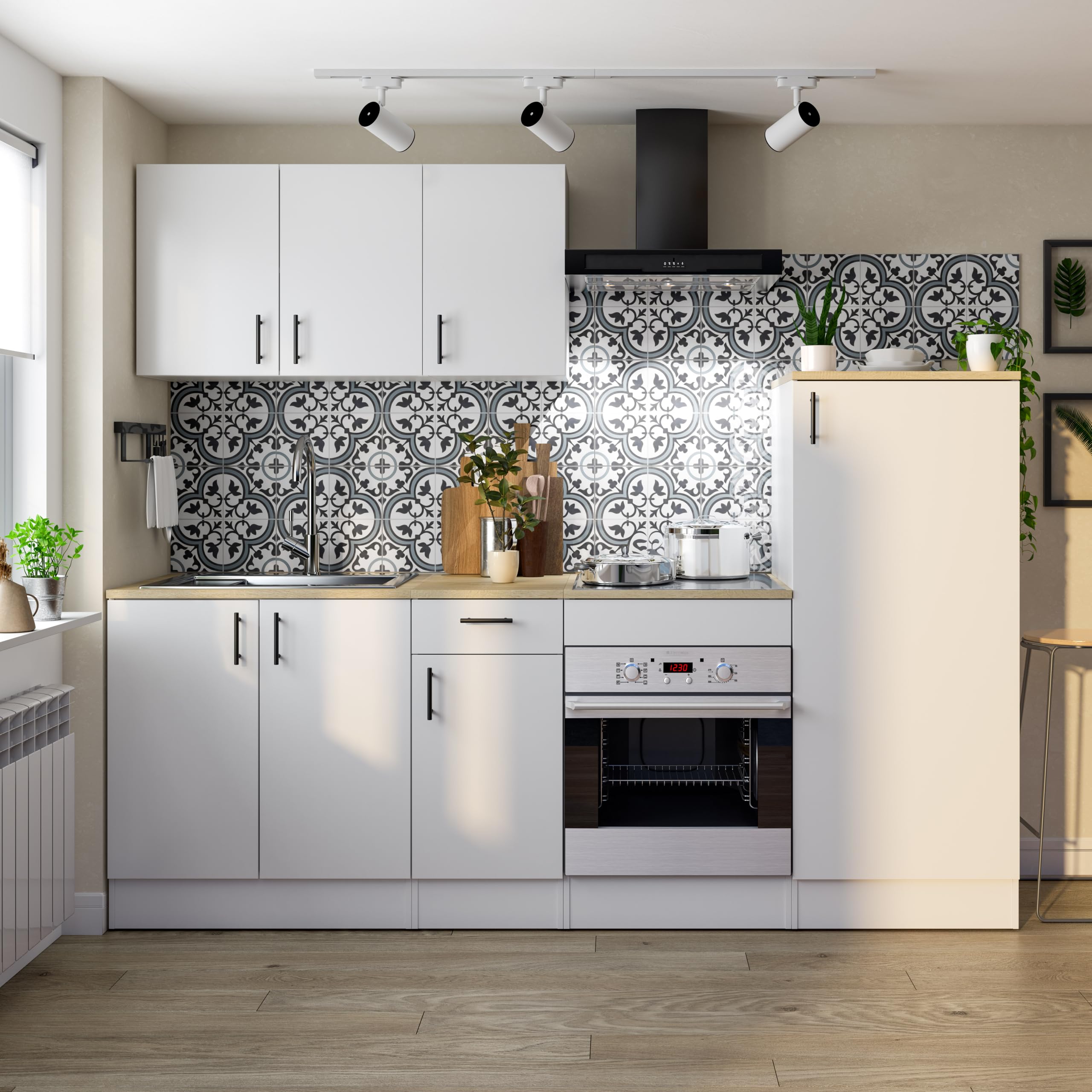 Mobelcenter, Mueble Bajo de Cocina para Fregadero, Módulo Bajo con 2 Puertas, Acabado Color Blanco Brillo y Roble Canadian, Medidas: Ancho: 80 cm x Fondo: 60 cm x Alto: 90 cm (1540)