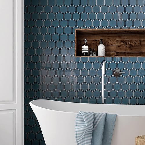 Miniatura 10 de Tile Generation TPMG-29 - Mosaico hexagonal de 4 x 4 pulgadas, porcelana, color azul cristal (pulido), 1 hoja