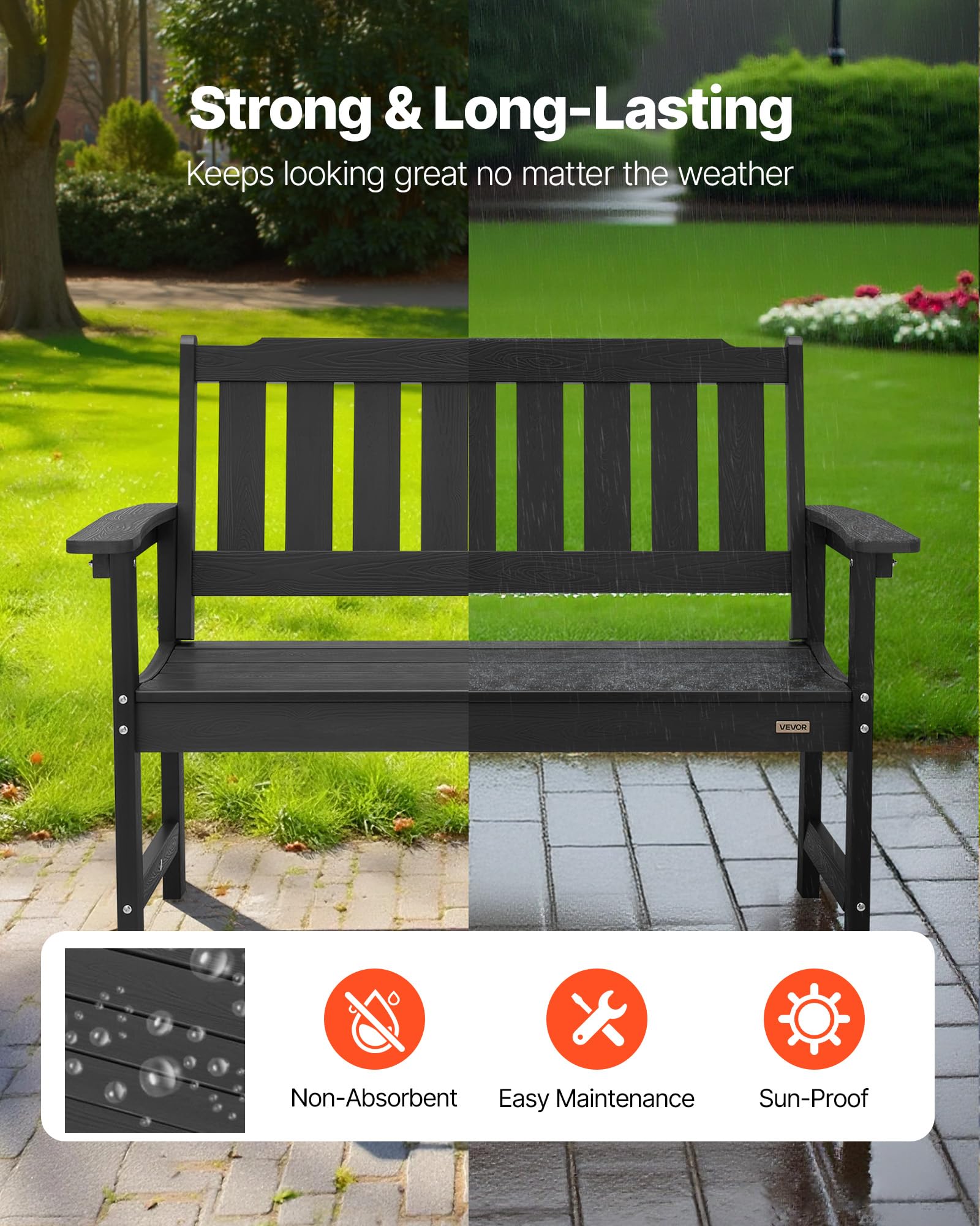 VEVOR Panca da Giardino, Panca da Esterno in Plastica Lunghezza 128 cm Capacità di Carico da 363 kg, Sedia per Esterno con Schienale Braccioli per Cortile, Parco, Giardino, Nero