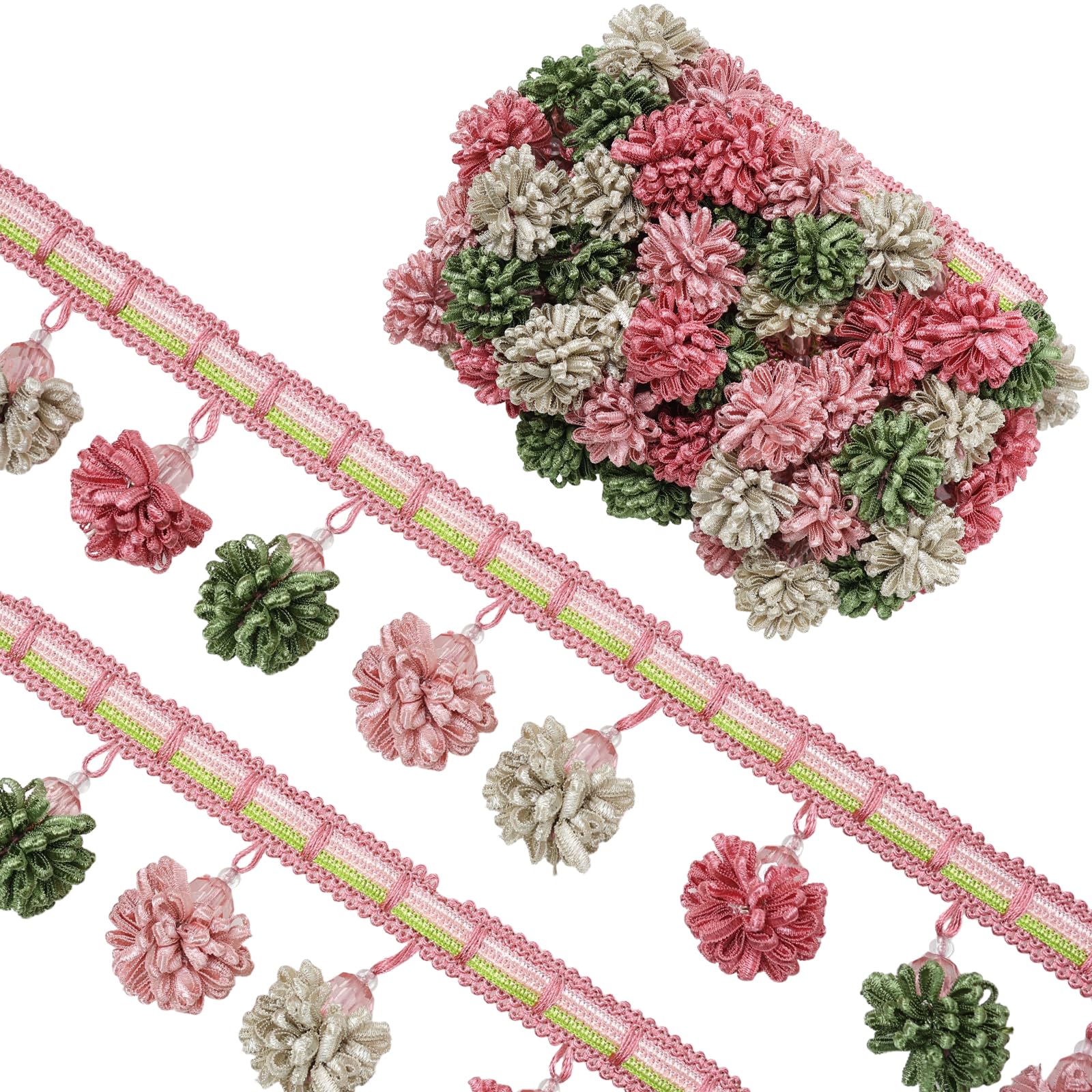 Yalulu 4 Yard Pom Pom Curtain Fringe Trim, Hanging Beads Ball Tassel Trimming Sewing Ribbon Macrame for Upholstery Curtain Tablecloth Fabric (Pink)