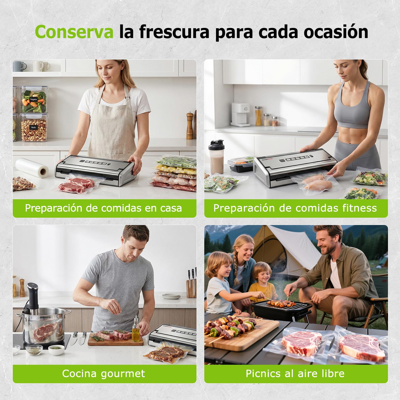 Bonsenkitchen Envasadora al Vacío, Sellado Ancho 5mm Antifugas, Acero Inoxidable, Una Mano & Pulse Seco/Húmedo, Envasadora al Vacío de Alto Rendimiento incl. 1 Rollo & 10 Bolsas, VS4200