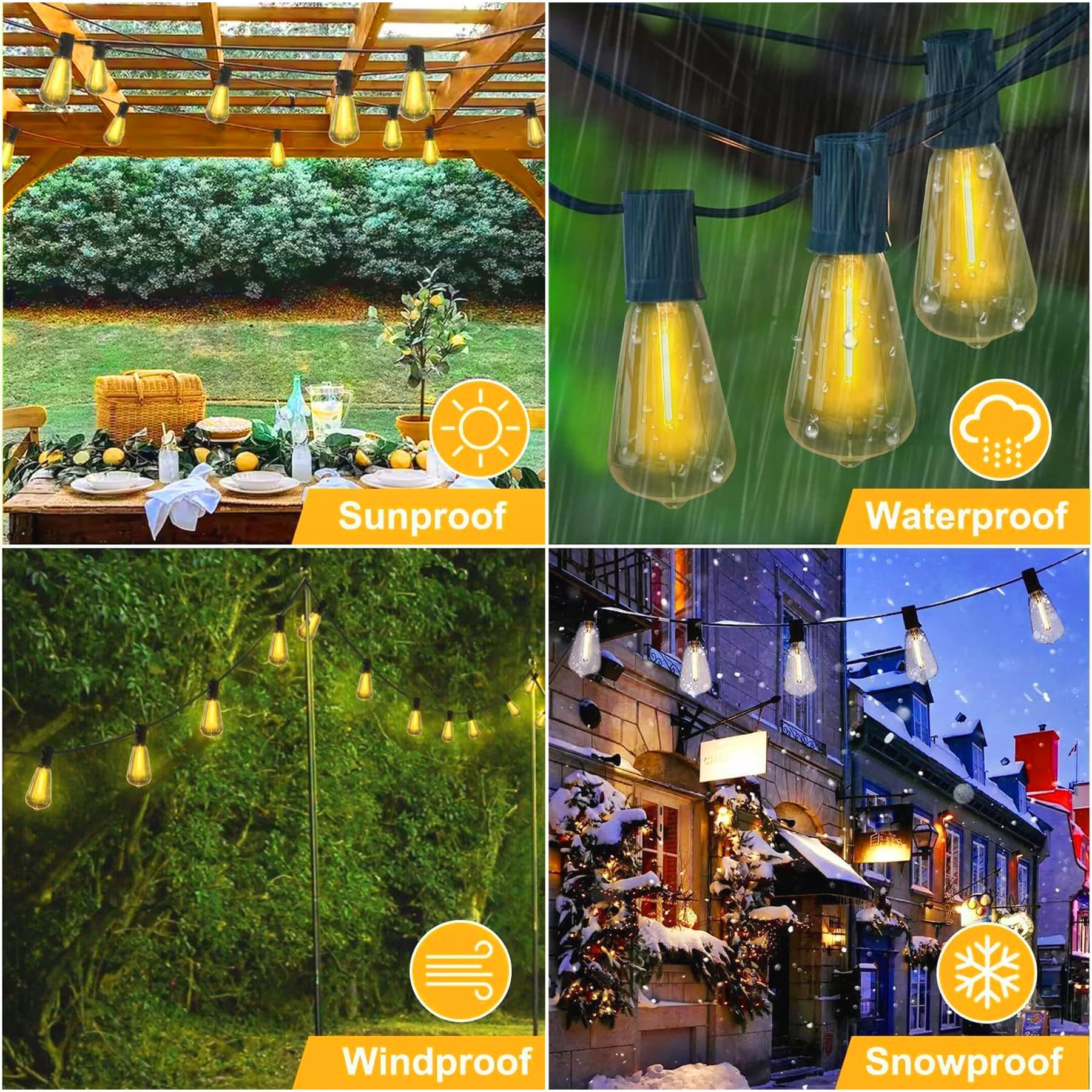 Guirnalda de luces LED para exteriores con 26 bombillas de plástico Edison de 50 pies (1 repuesto), luces colgantes impermeables para patio, porche, balcón, decoración de fiesta