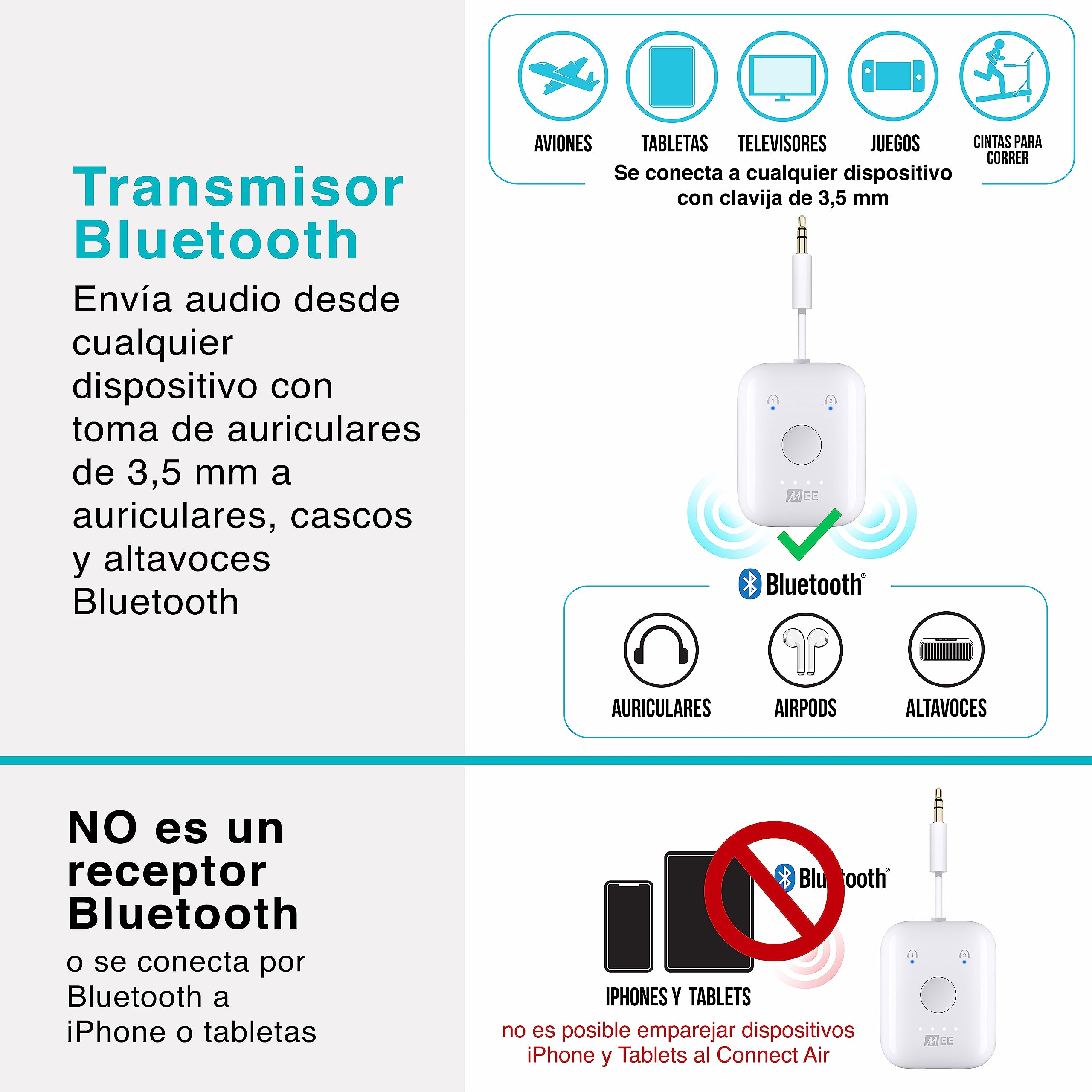 MEE audio Transmisor Bluetooth para Auriculares para hasta 2 AirPods / Otros Auriculares; Funciona con Entradas Aux de 3.5mm en Aviones, Equipos de Gimnasio, Televisores, y Consolas de Videojuegos