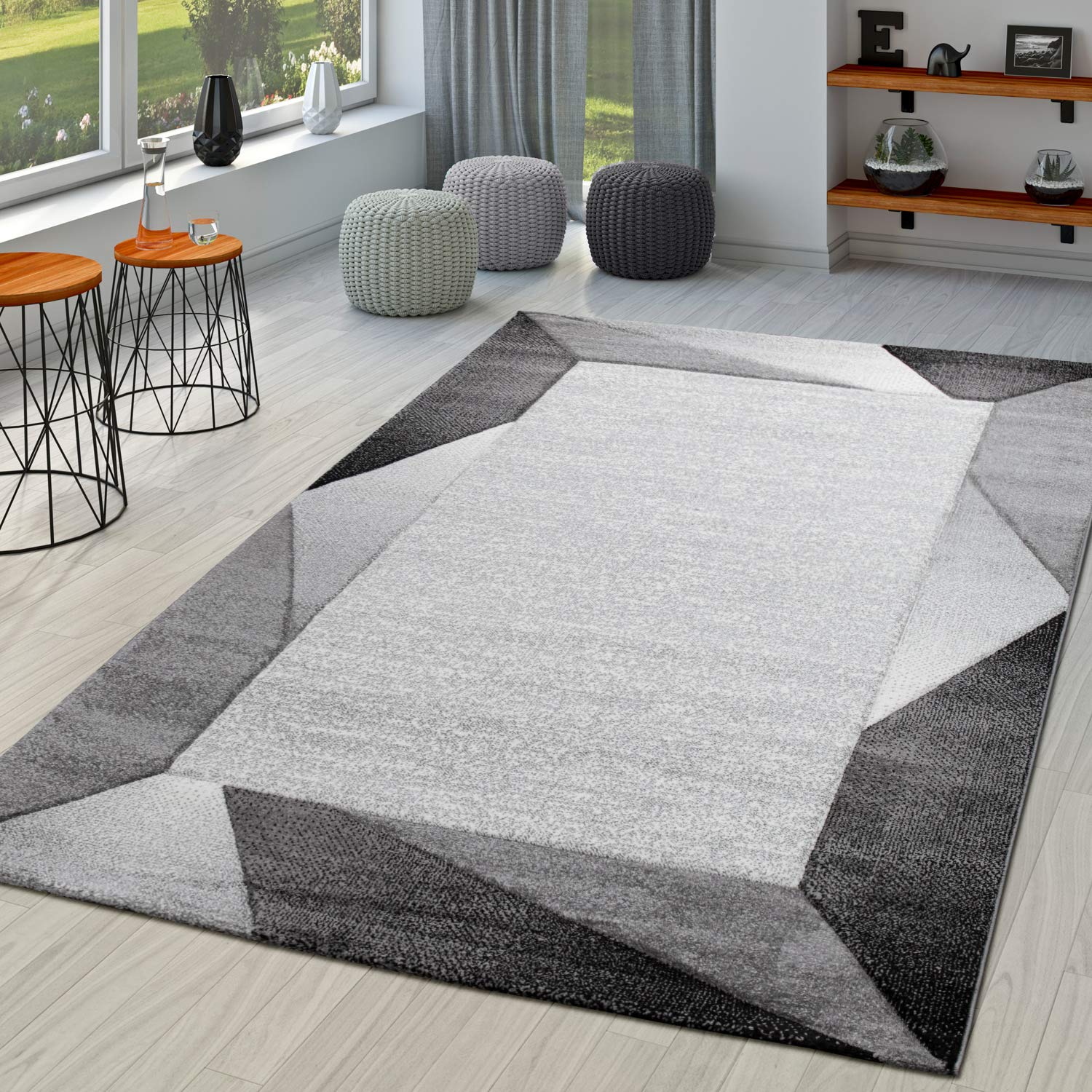 Paco Home Modern Area Rug Bordered with Geometric Pattern Grey Anthracite with Contour Cut, Size: 6'7" x 9'6"