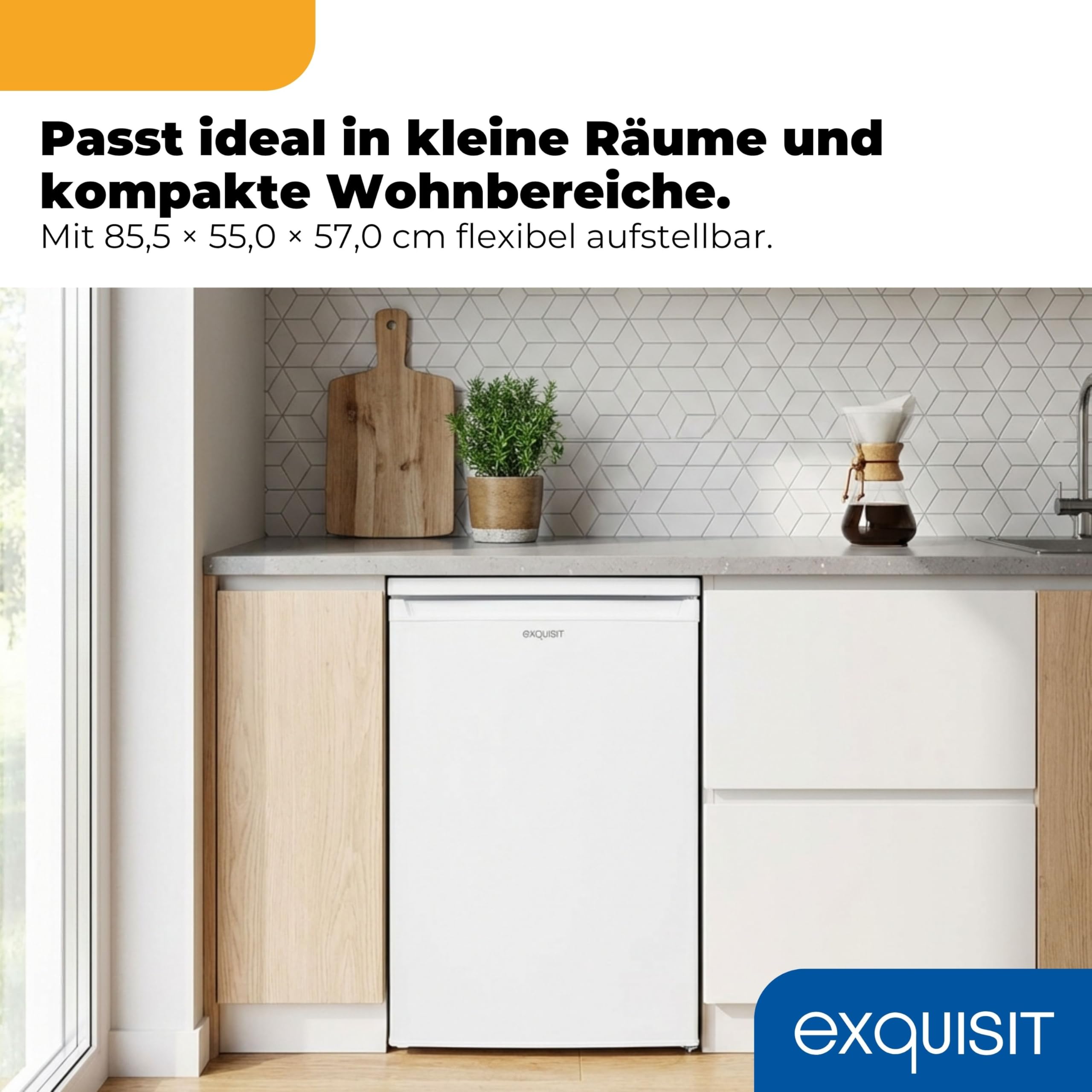 Exquisit KS516-4-E-040E Kühlschrank mit Gefrierfach, 109 l, LED, Weiss | Kompaktes Standgerät mit 4-Sterne-Gefrierfach, 139 kWh/Jahr, 40 dB, wechselbarer Türanschlag, 85 cm hoch, Glasablagen