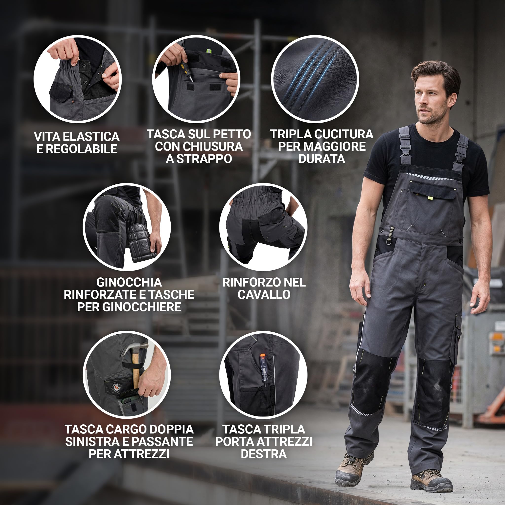 Stenso Salopette da Lavoro da Uomo Prisma con Tasche multifunzionali e per Ginocchiere - Grigio EU46