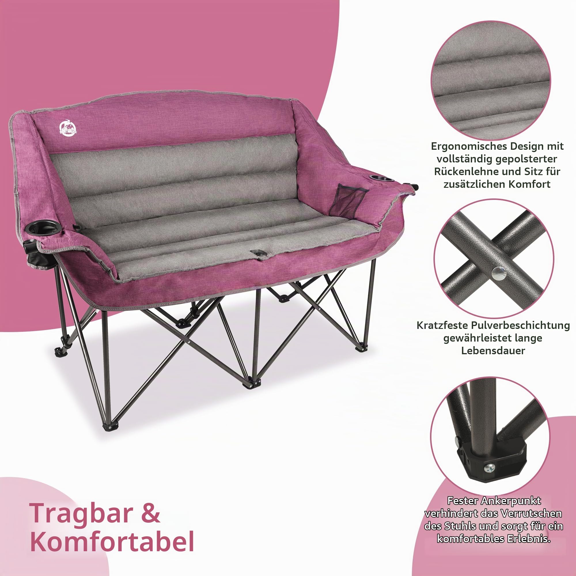 Northroad Folding Loveseat Camping Stuhl Portable Double Duo voll gepolstert Garten Stuhl für 2 Personen Sofa w/Becherhalter, Weinglas Halter, Mesh Storage, Support 600lbs für Picknick Strand Reisen