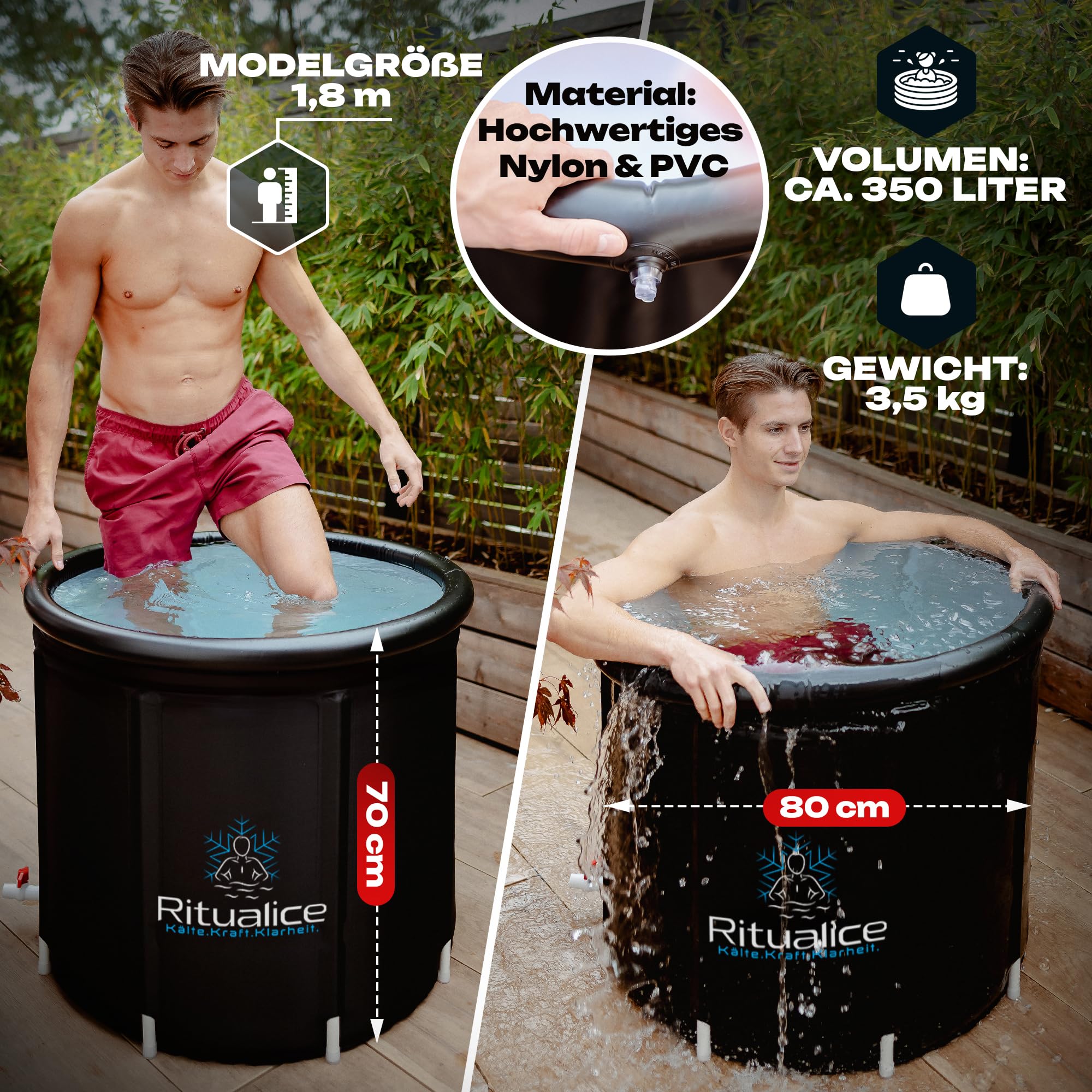 Eisbad XL 80 cm Komplettset mit Deckel & Stoffbezug | Eistonne/Eiswanne für Kryotherapie, Eisbaden & Cold Plunge zuhause, 8 Stützstangen, 5-Schichten-Material