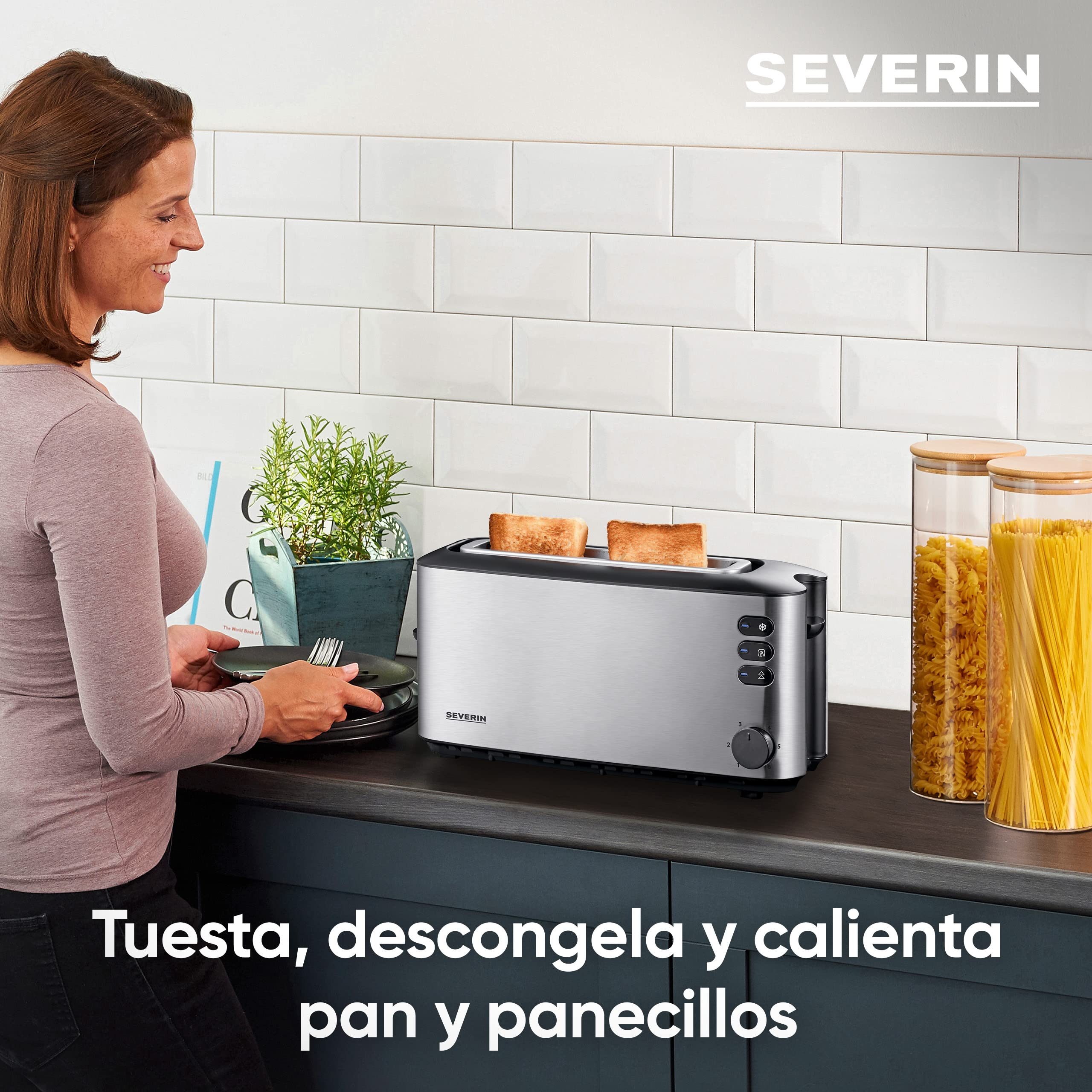 Severin Tostadora automática, tostador largo con soporte para panecillos, tostadora eléctrica para tostar, descongelar y calentar, 1000 W, acero inoxidable/negro, AT 2515
