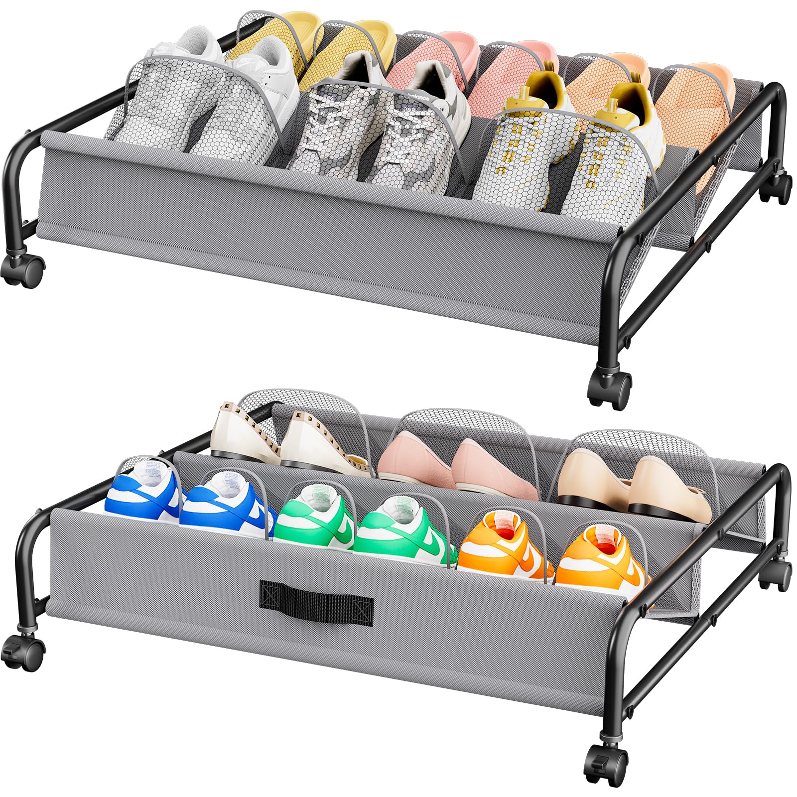 OFUSUY Under Bed Shoe Storage with Wheels, 2 Pack Rolling Under Bed Storage Containers for Shoes with Breathable Mesh Pockets, Metal Underbed Shoe Rack Organizer Bedroom Organization
