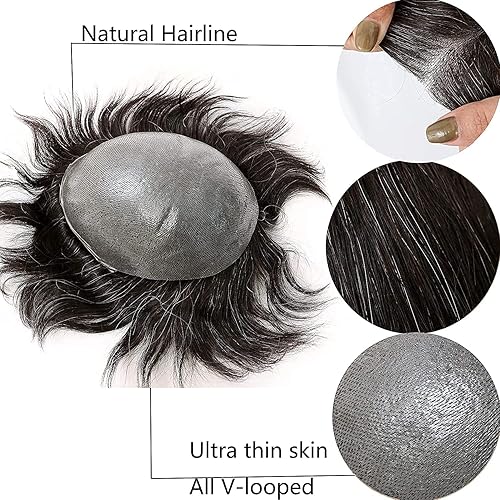 Miniatura 2 de Lishy Toupee de piel fina suave de 0.002 in PU 10x8 pulgadas reemplazo de cabello para hombres postizo 100% europeo piezas de cabello humano para