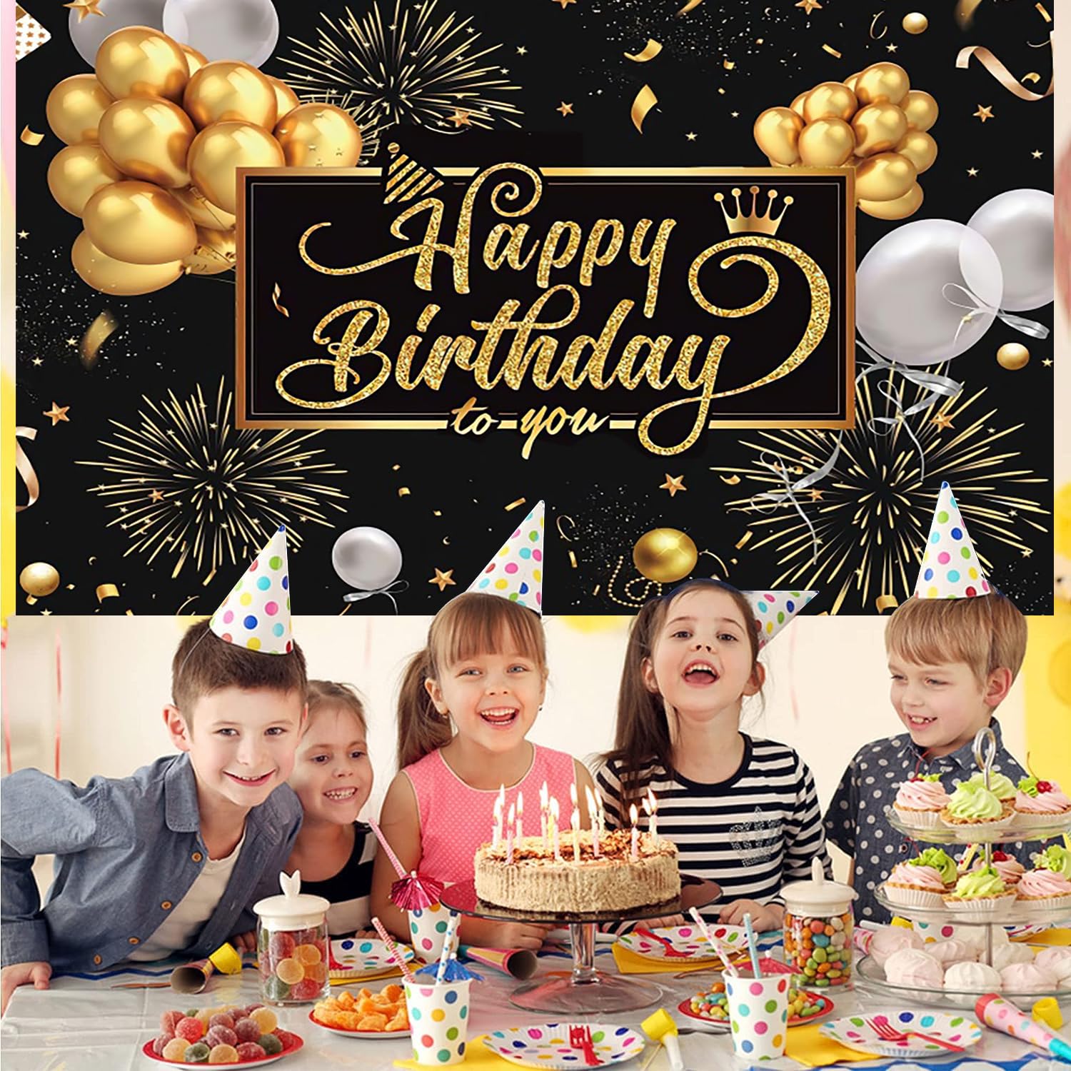 2.4x1.8m Telón de Fondo Cumpleaños Negro y Oro Happy Birthday Signo Globo Fuegos Artificiales Cartel Fotografía Fondo Fiesta de Cumpleaños Interior Decoraciones al Aire Libre Banner Photo Booth Props