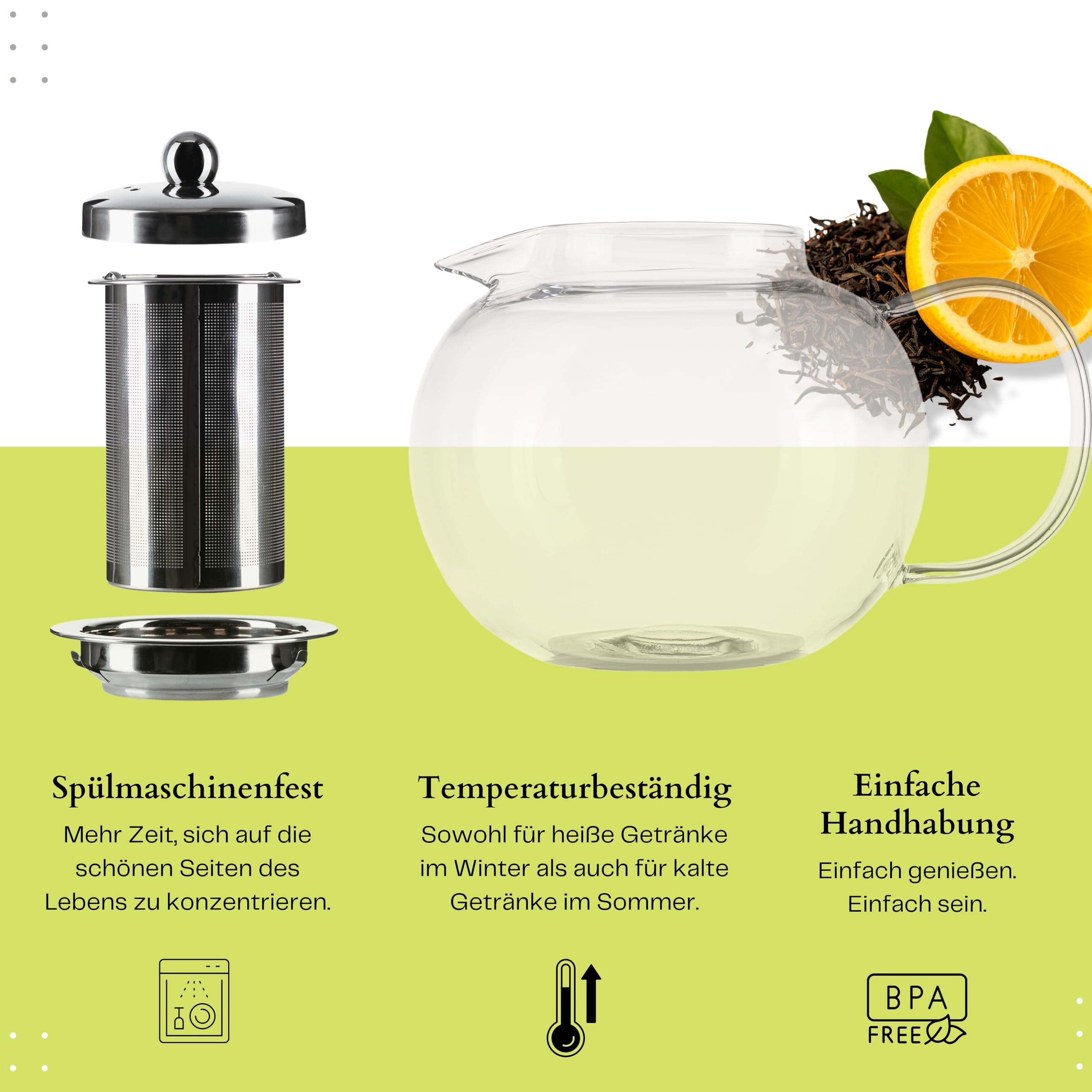 Teekanne Glas 1300ml mit Edelstahl Siebeinsatz – Glasteekanne aus Borosilikatglas für losen Tee, Kräutertee & Früchte – tropffrei, hitzebeständig & spülmaschinenfest - Teezubereiter mit Sieb - DAGAZEN