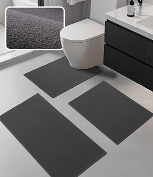 Bathroom Rug Sets 3 Piece, Ultra Thin Bath Mat Fit Under Door, Quick Dry Absorbent Bath Mat for Bathroom Non Slip Machine Washable Floor Mat Dark Grey, 3 Piece