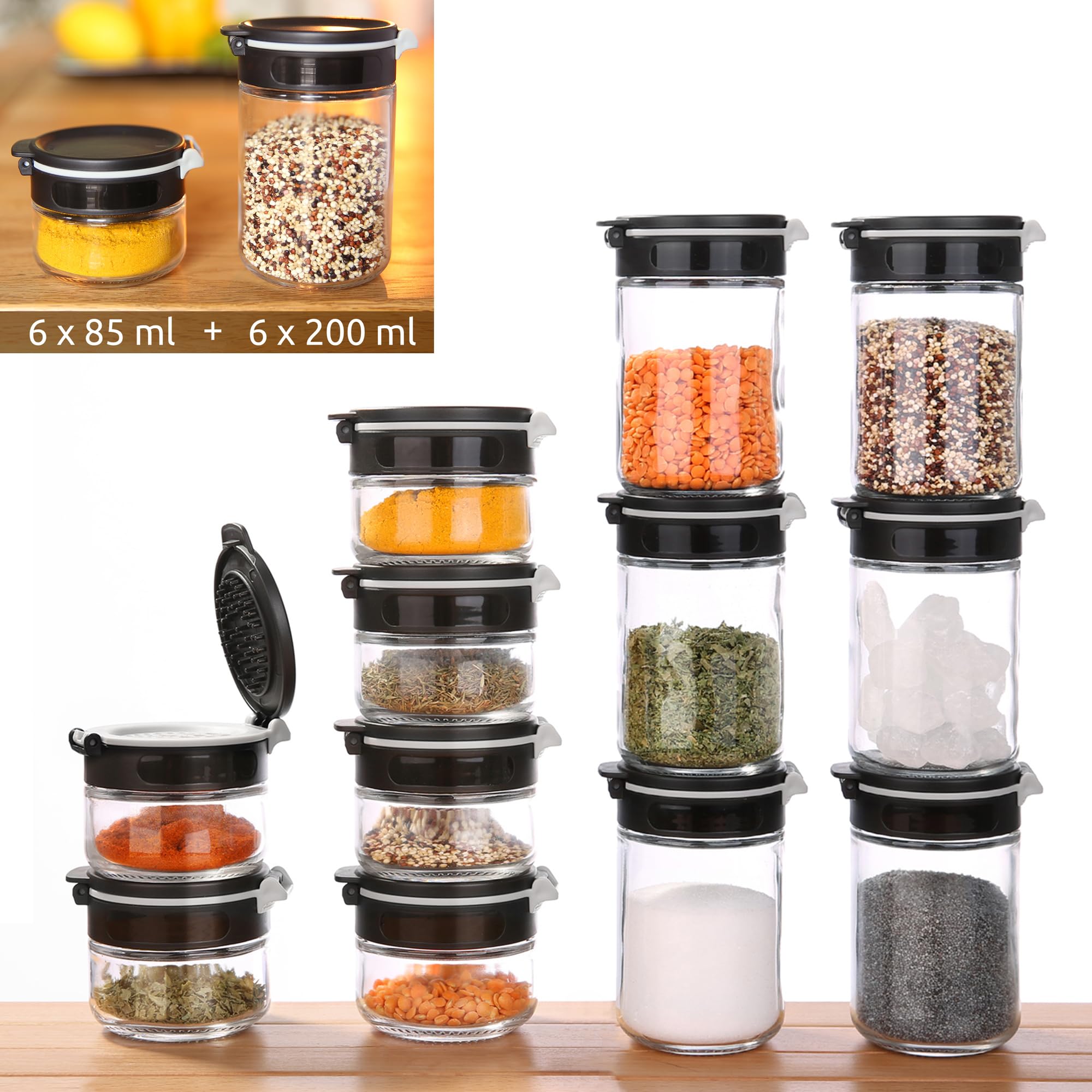 your GEAR Gewürzstreuer Double-Flip - Gewürzdosen in 2 Größen (200ml + 85ml) aus Glas mit drehbarem Gewürzregal, selbstreinigender Streueinsatz, Gewürzgläser im Gewürzkarussell mit Etiketten