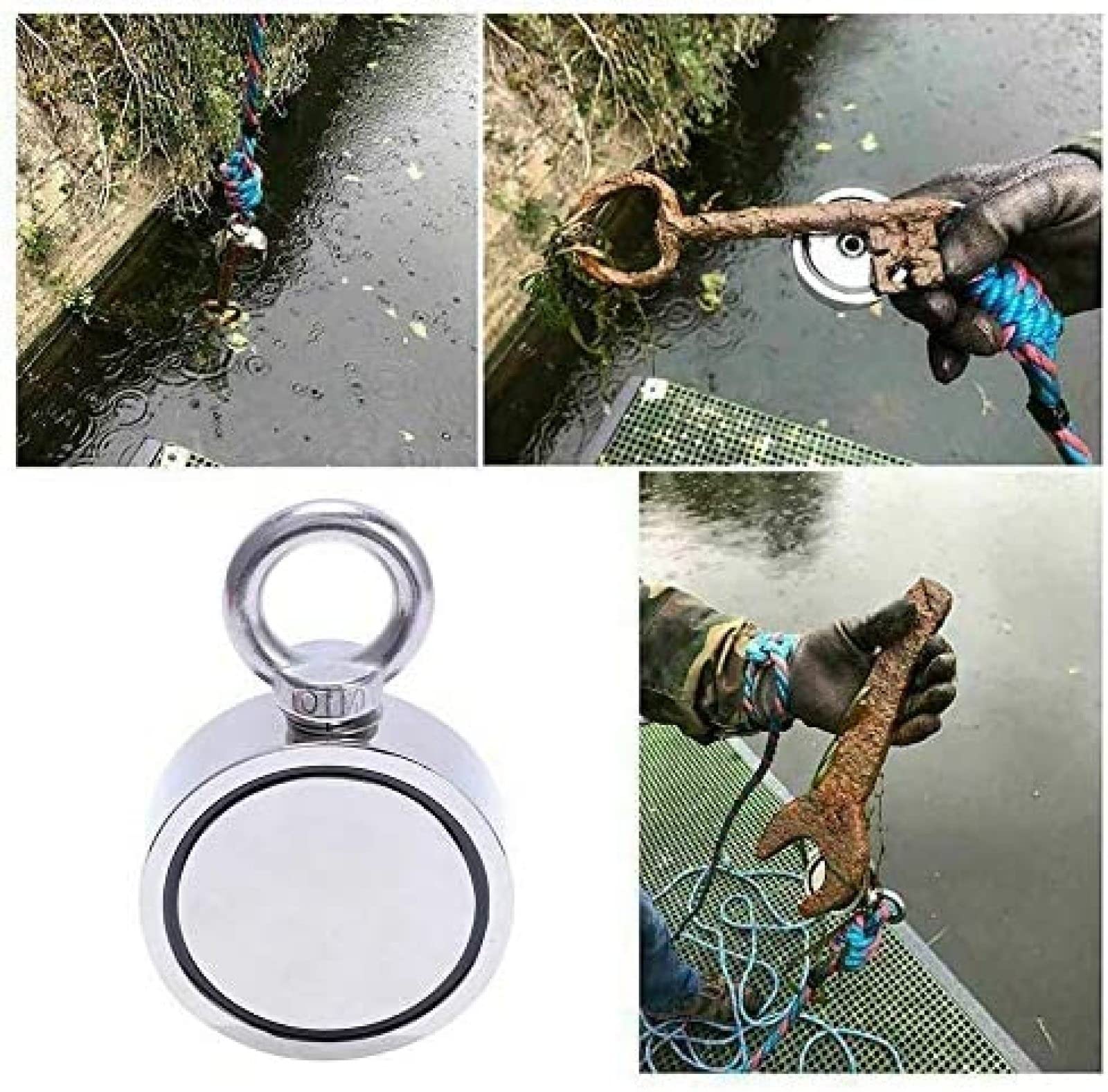 Aimant de pêche rond Double face de 500kg/1100lb, boulon à œil en néodyme de récupération avec corde de 10m pour l'industrie des sciences de la pêche de récupération