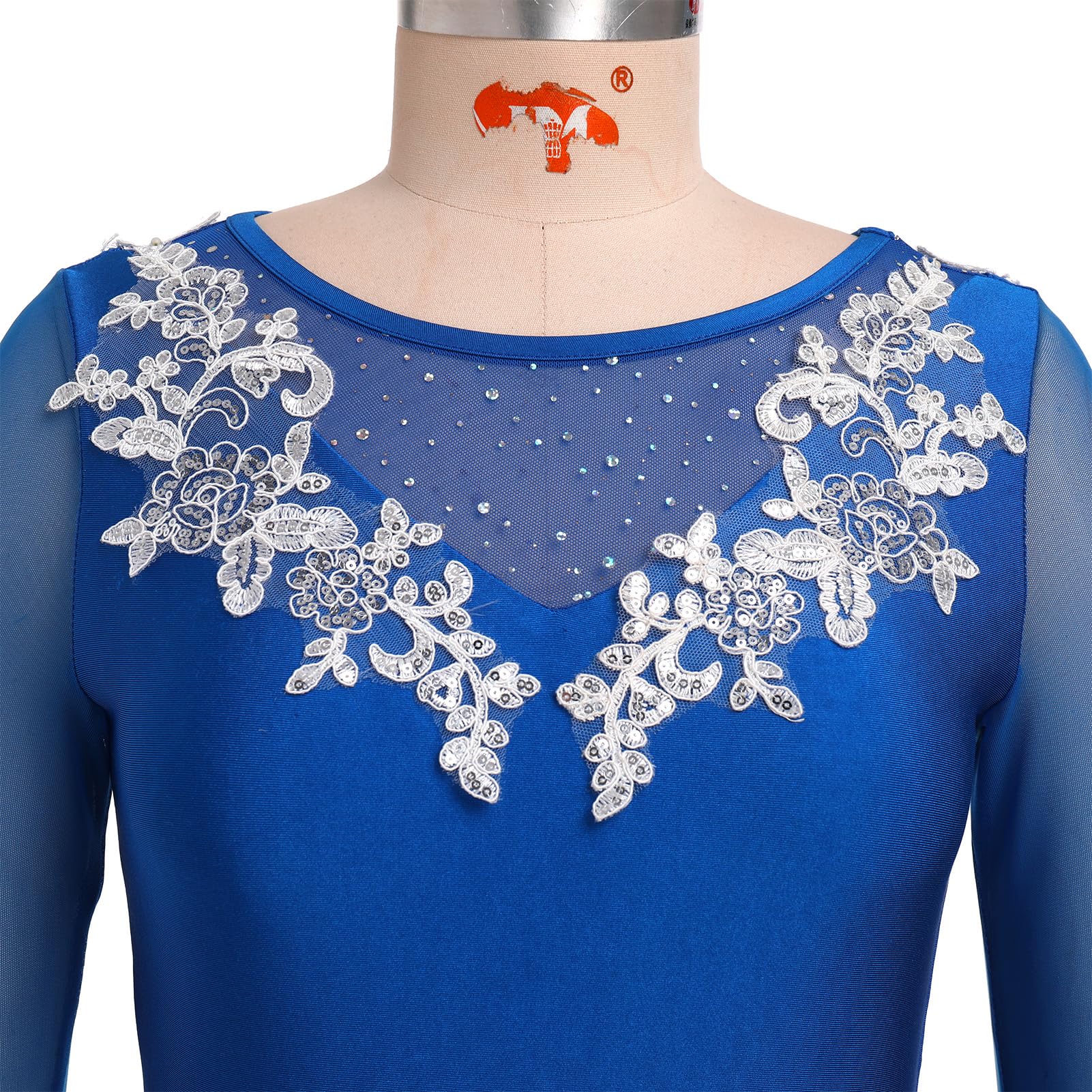 Odasod Eiskunstlaufkleid für Damen, Strass-Stickerei, Netzstoff, langärmelig, Gymnastikanzug, Wettkampf, Übung