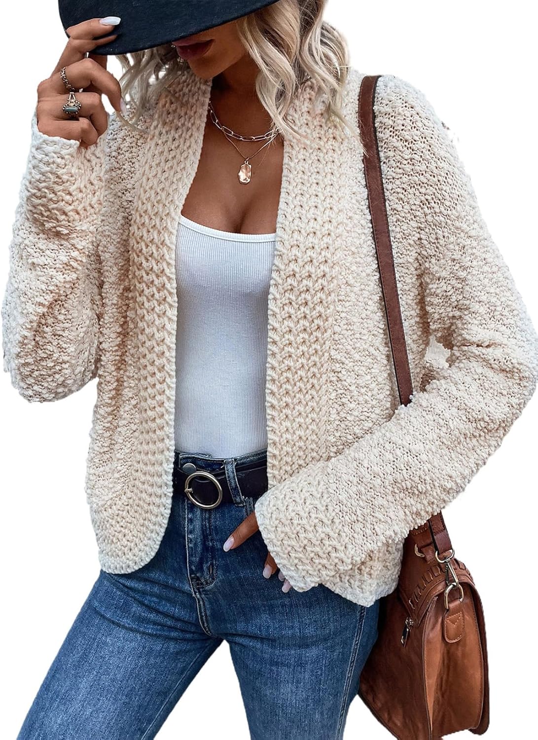 Sidefeel Women's Cardigan Sweaters Casual Long Sleeve Cropped Open Front Chunky Knit Coats Fall Sweaters