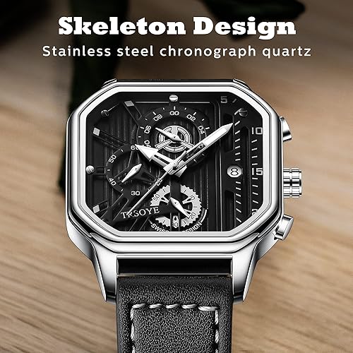 Miniatura 6 de Reloj de pulsera para hombre, cronógrafo, analógico, de cuarzo, negro, a la moda, casual, de diseñador, de negocios, con calendario, correa de piel,