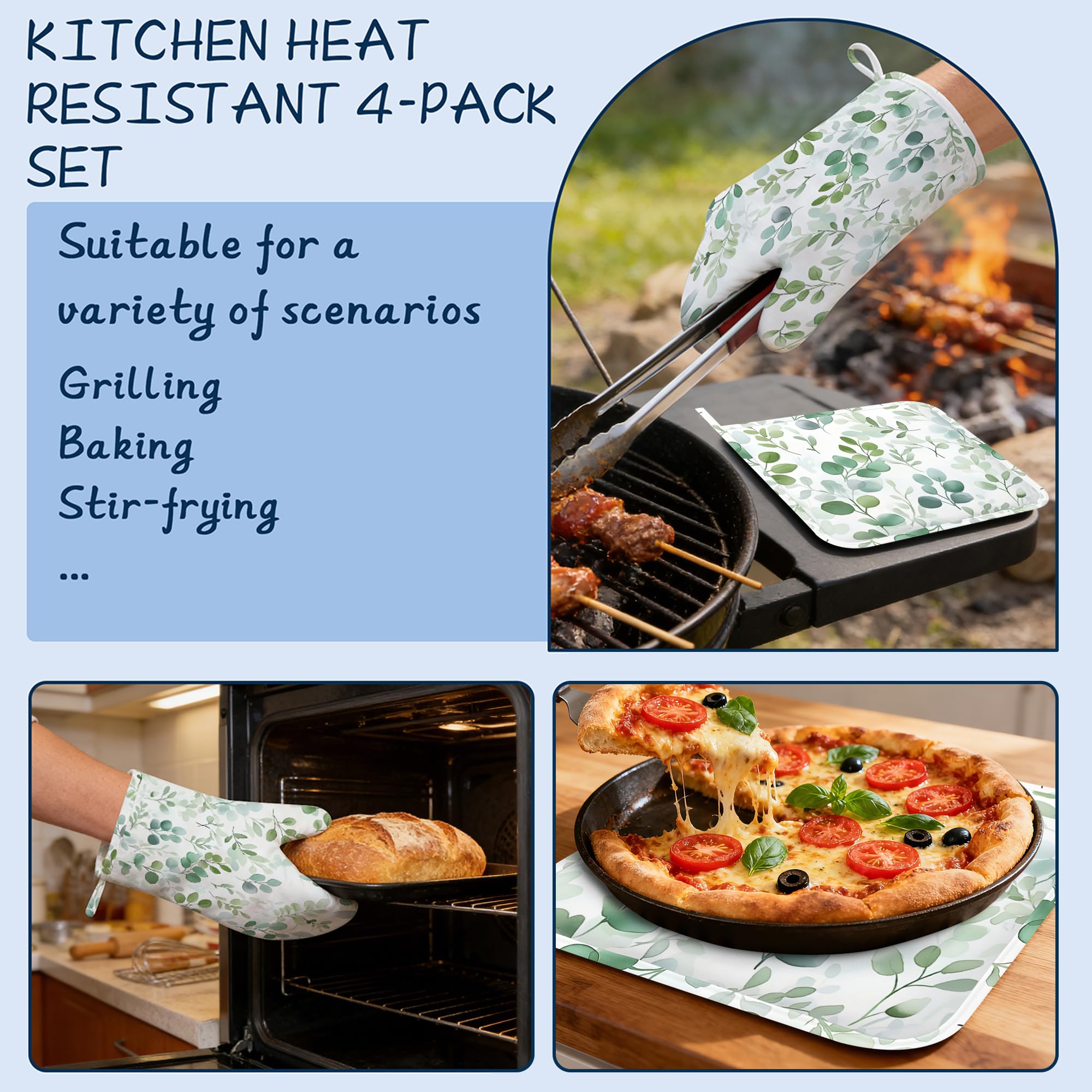 Juego de manoplas de horno y soportes para ollas, de hojas verdes de acuarela extralargas para cocinar, de algodón grueso, resistente al calor, utensilios de cocina para hornear, cocinar a la parrilla
