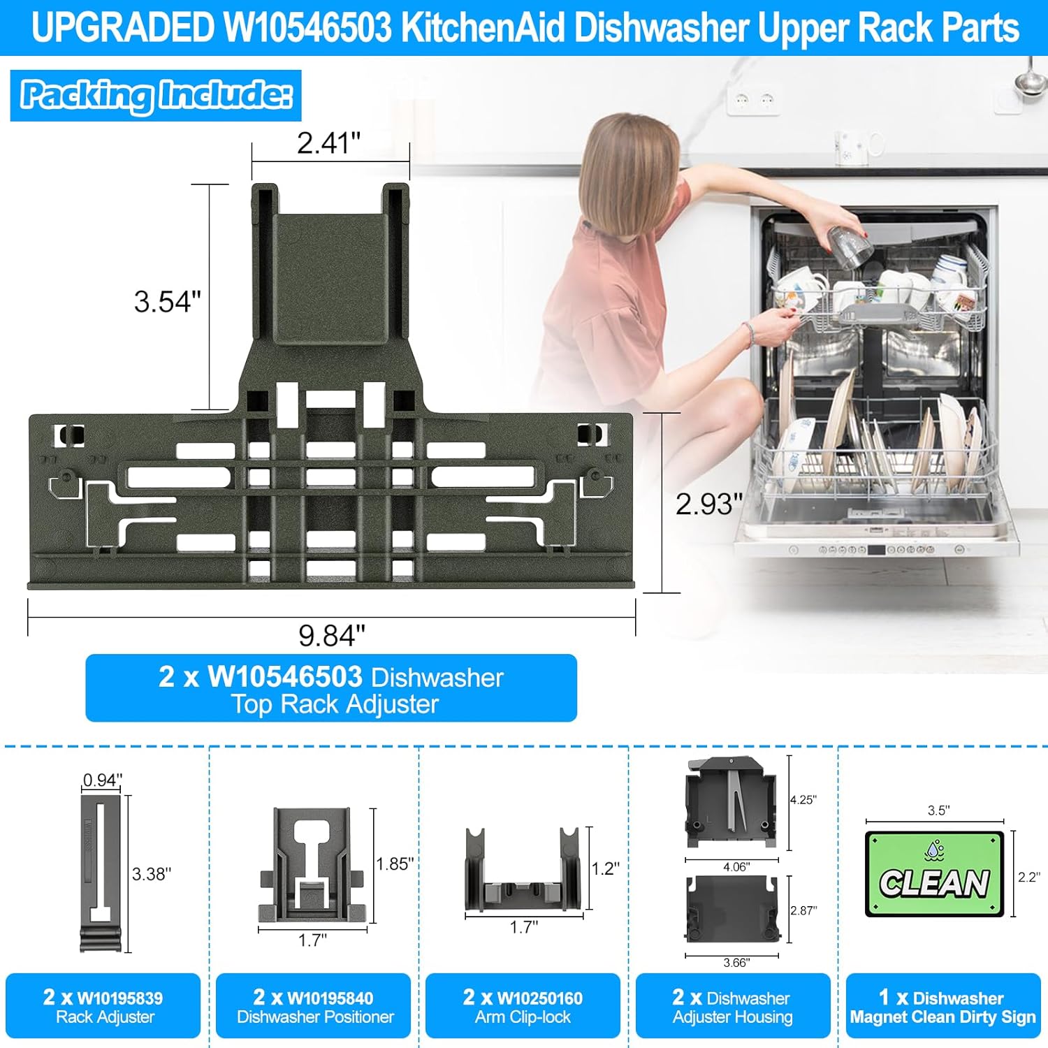 UPGRADED WPW10546503 W10546503 Dishwasher Top Rack Adjuster & W10320664/5 For Kitchenaid Dishwasher Parts Upper Rack KDTE334GPS0 KDFE104HPS0 W10546503 For Kitchen aid Dishwasher Parts,11Pack