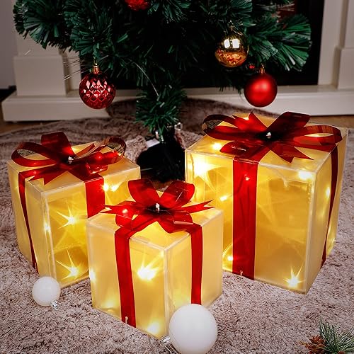 Twinkle Star Juego de 3 cajas de regalo iluminadas de Navidad, adorno de falda de árbol de Navidad, caja de regalo para interiores y exteriores,