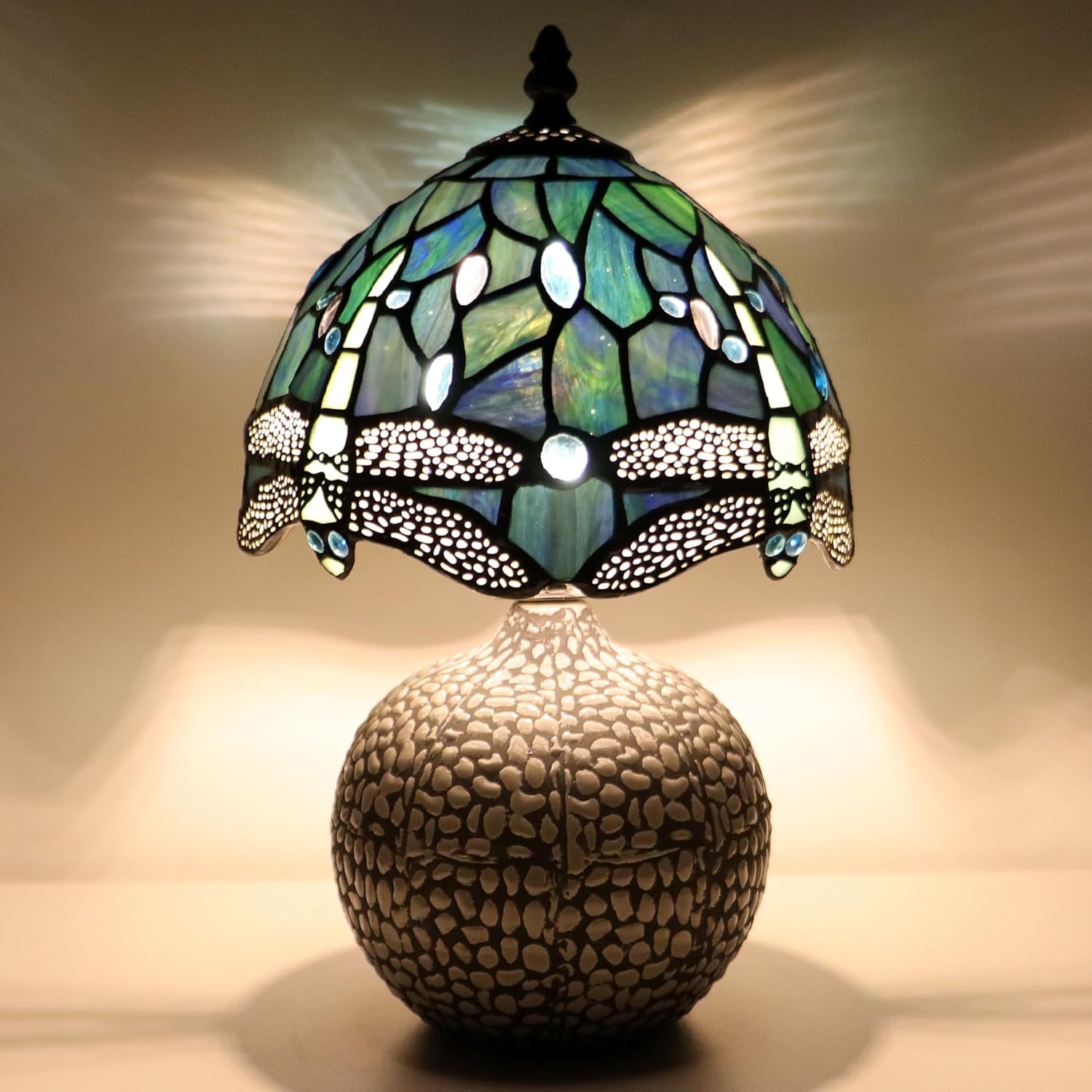 Small Tiffany Mushroom Table Lamp Stained Glass Desk Lamps Ceramic Base Antique Light 8X8X13.5 Inch (Sea Blue Dragonfly)