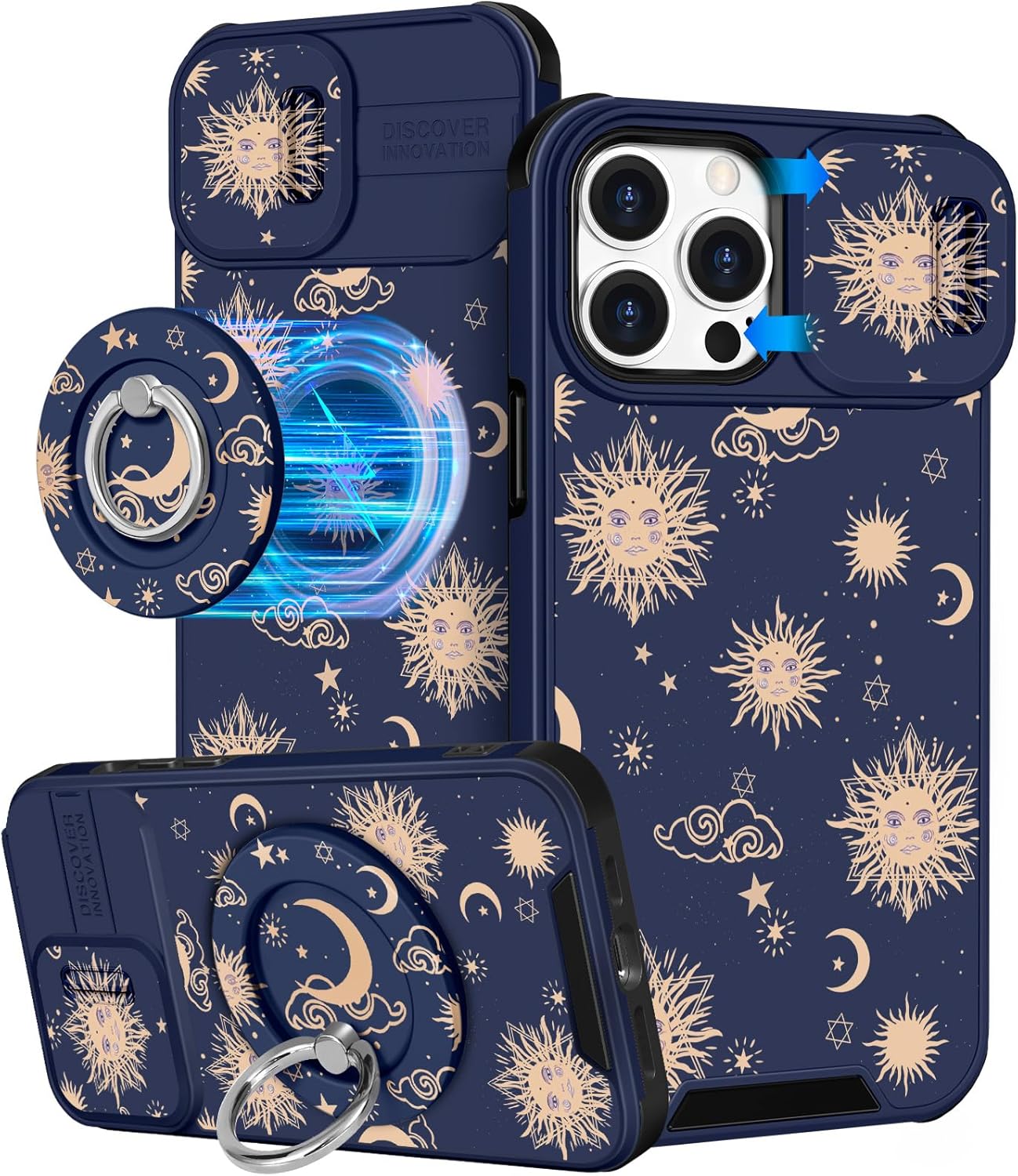Buleens for iPhone 13 Pro Max Case - with Ring Stand & Camera Cover Cute Designed for Women Girls Sun Moon Stars for Phone Case for iPhone 13 Pro Max Compatible with Magsafe Cute Gold Sun for iPhone 13 Promax