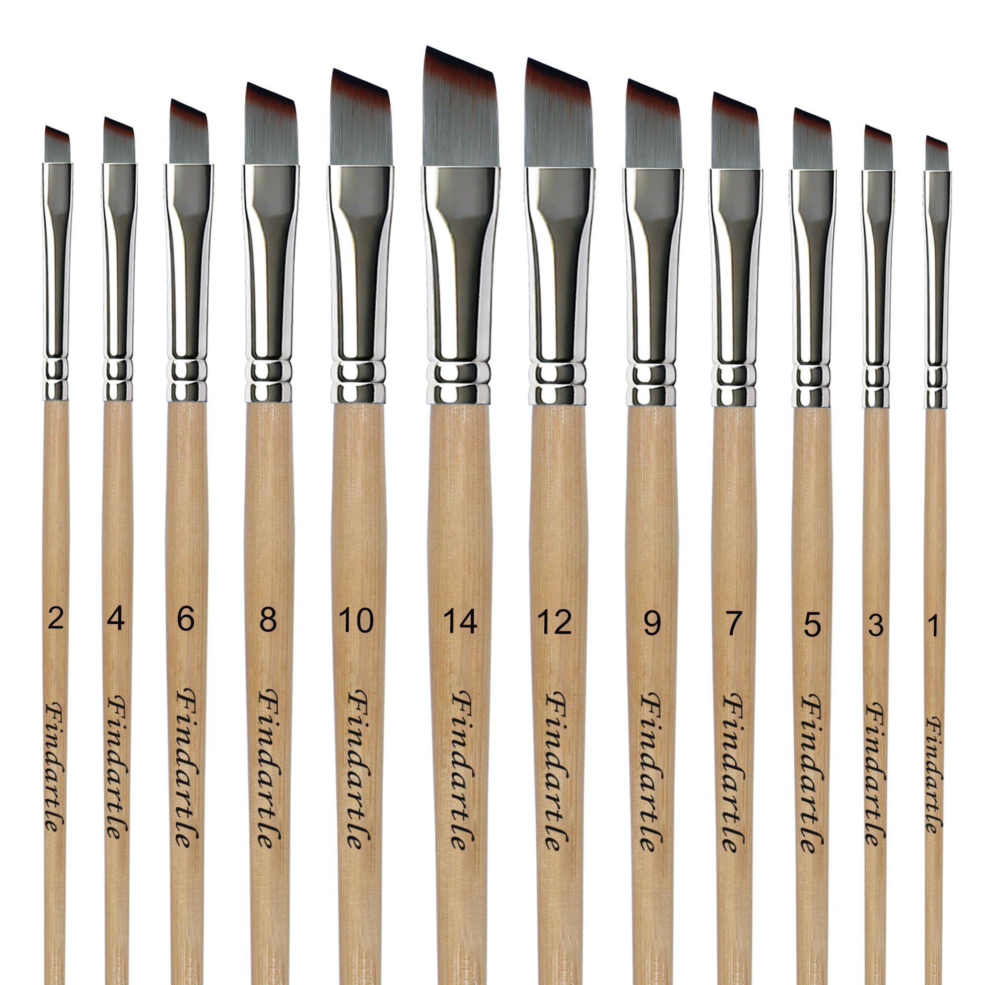 Findartle Angled Paint Brushes,12 Pcs Angular Brushes For Watercolour, Acrylic, Oil, Gouache Painting, Artist Angle Brush For Detail, Tempera, Decorative, Nail Art,Face Painting (Natural Wood)