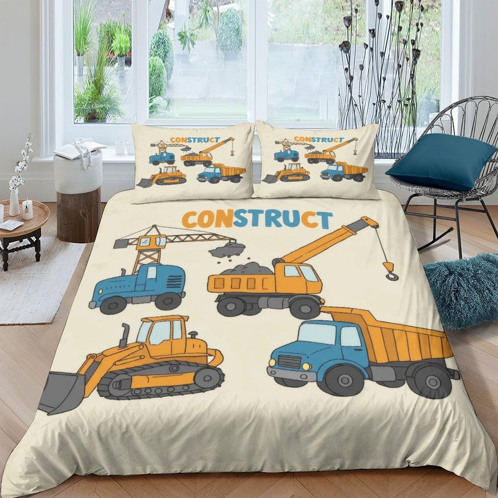 Ctjqhvkz Style-5 3D Printed Construction Truck Fitted Sheet Microfiber Soft Decor Bulldozer Crane Bed Cover For Bedroom Guest Room Dorm Single（135X200cm）