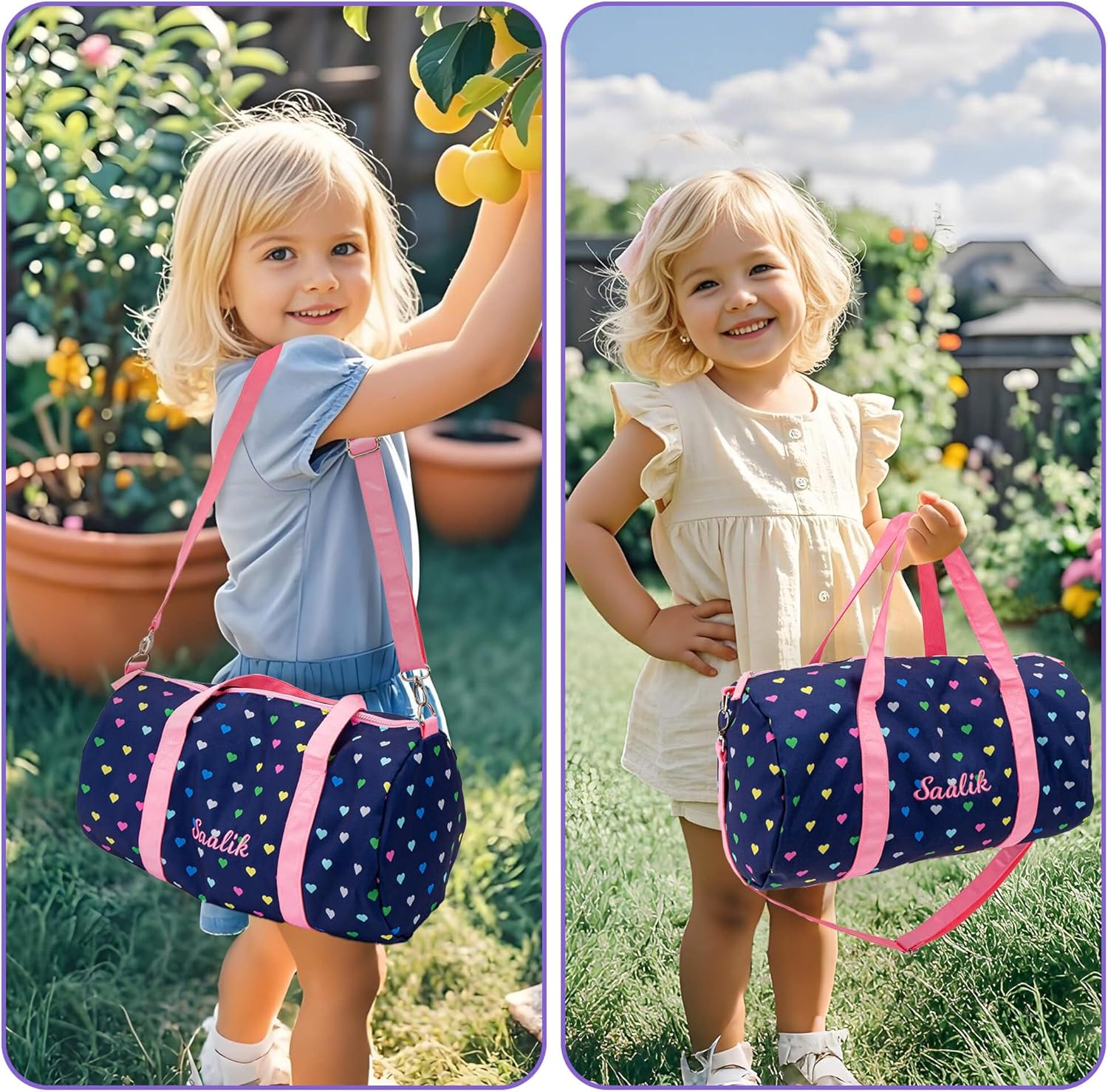 MT WORLD Girls Duffel Bag Personalized Toddler Weekender Bags with Name - Lightweight Cute Heart Dance Ballet Bag with Adjustable Shoulder Strap - Travel Duffle for Travel Sleepover (Navy Blue)
