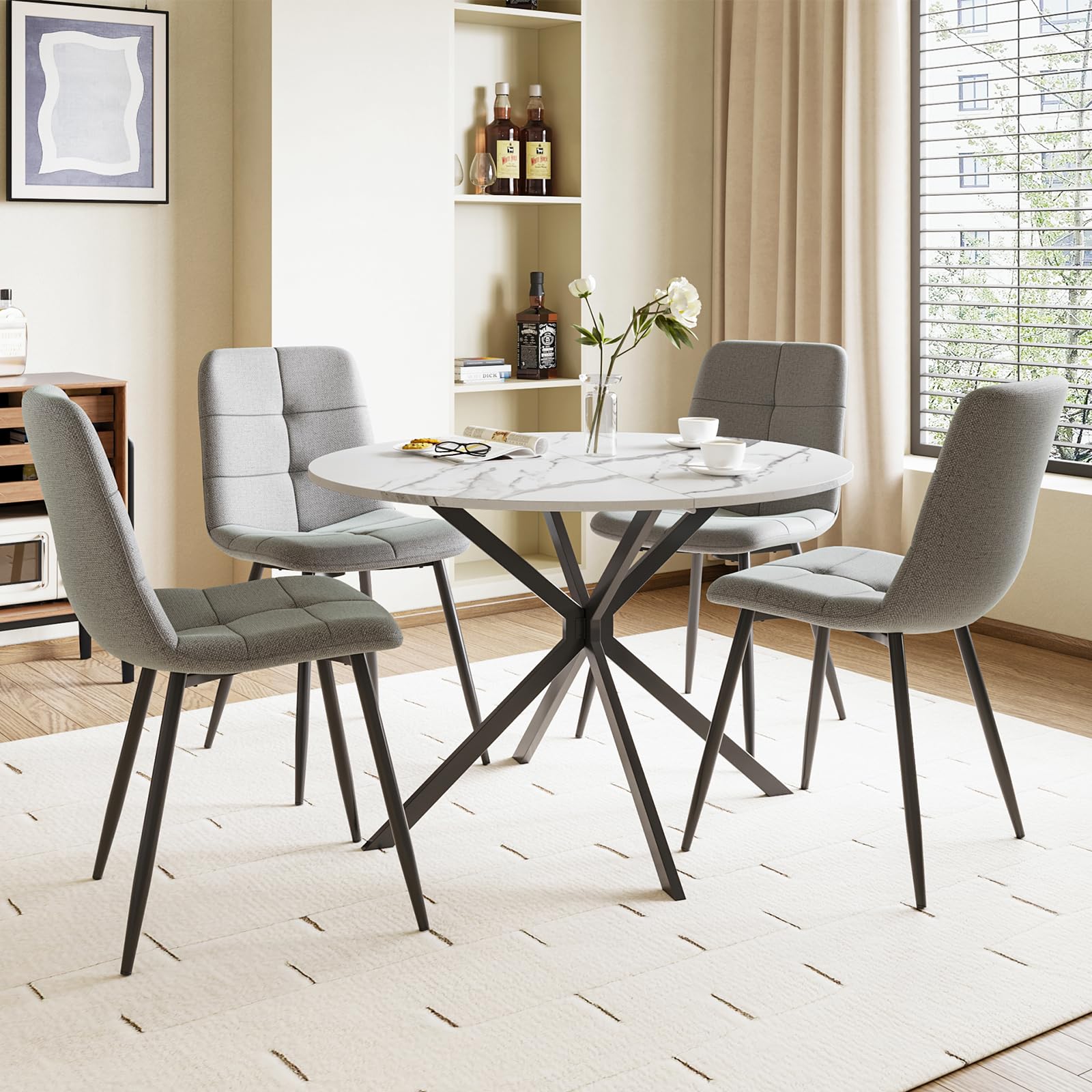 Luxstein Round Dining Table and Chairs Set 4, 100cm White Marble Effect Folding Table with 4 Grey Upholstered Linen Chairs for Dining Room, Kitchen