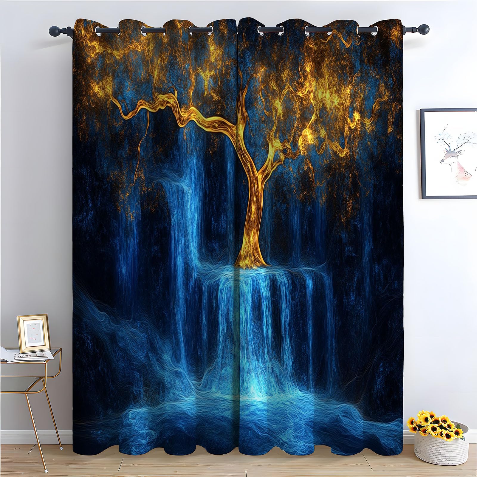 TERUEA Curtains for Spring Scenery Golden ancient tree blue flowing waterfall Textured Farmhouse Curtains Leaf Printed Rustic Drapes Window Treatment-42 W x 54" L (Pack of 2)