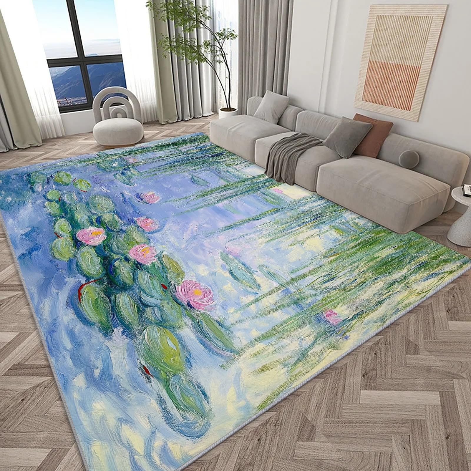 Tappeto verde con ninfee e laghetto, 160 x 230 cm, a pelo corto, moderno, per soggiorno e camera da letto, con retro antiscivolo, lavabile in lavatrice
