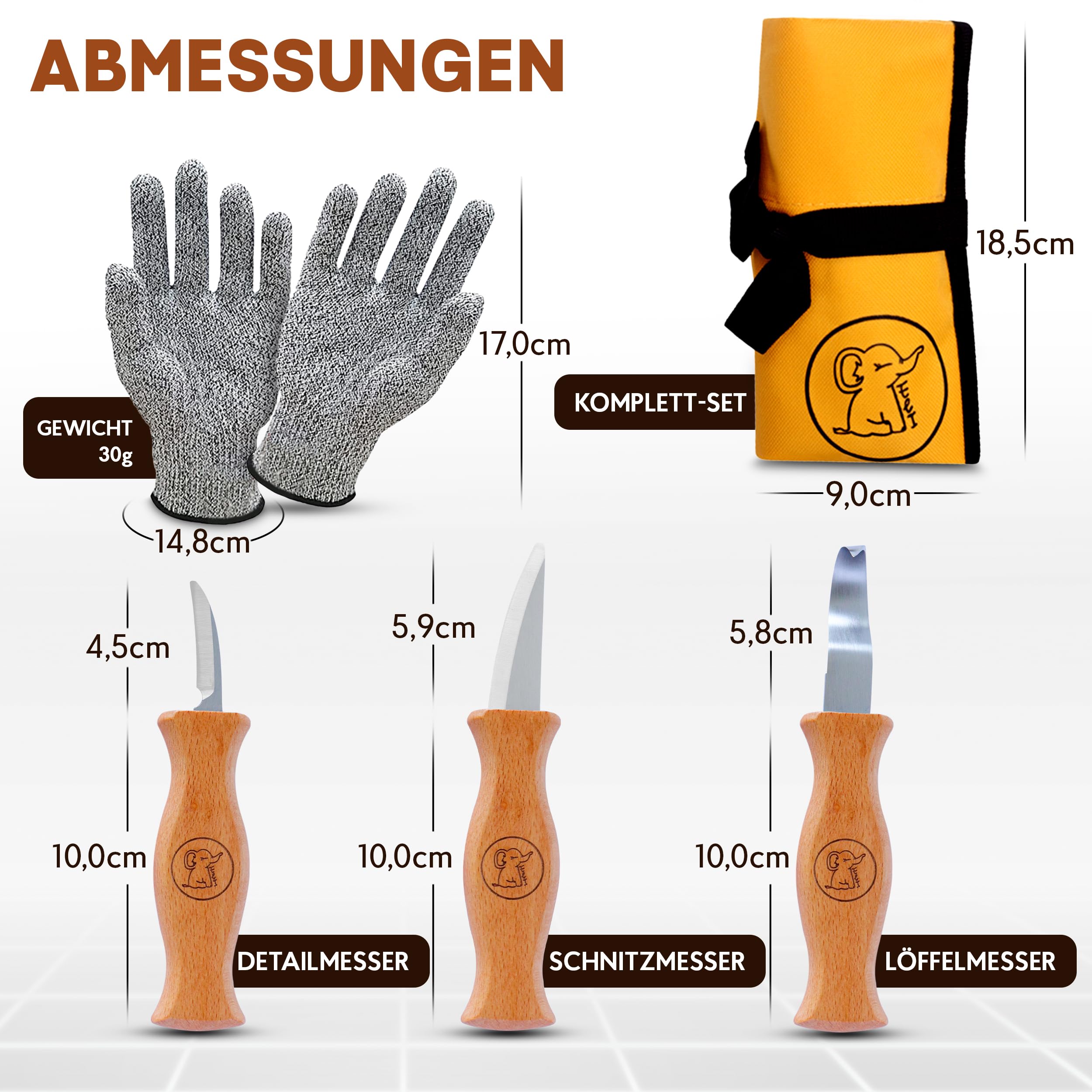 Eli® Schnitzmesser Kinder Set ab 6 Jahre - hochwertiges 5-teiliges Kindermesser Schnitzset inkl. schnittfeste Handschuhe - Kinderschnitzmesser - Schnitzwerkzeug - Taschenmesser