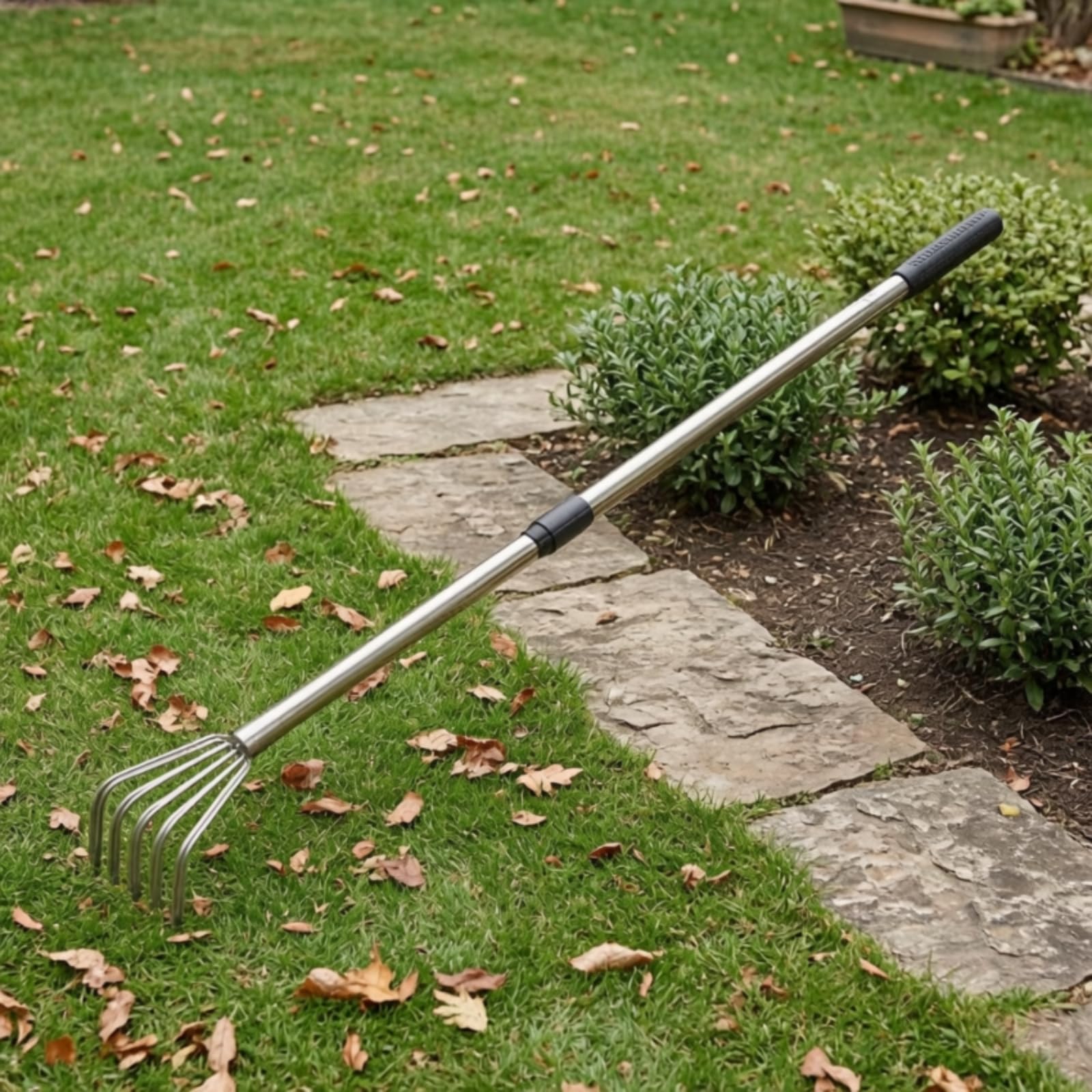 Gralara Rastrello per Foglie in Acciaio Inox con Telescopico Richiudibile E Manico Ergonomico per Pulizia Esterna E Cura , Rastrello Telescopico In Acciaio Inox A 5 Denti