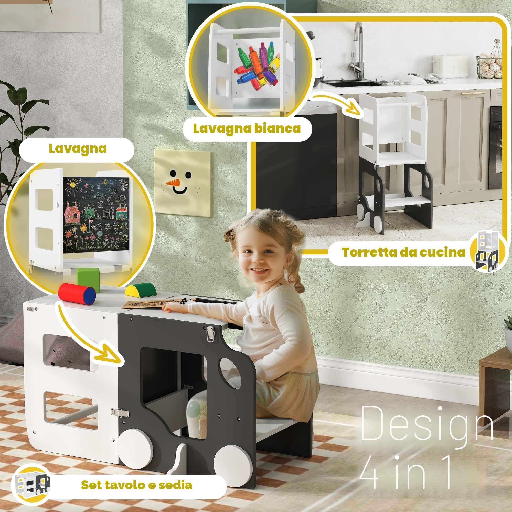 AIYAPLAY Scala Montessori 4 in 1 Pieghevole per Bambini 3-6 Anni con 2 Lavagne e Set Tavolo e Sedia, Torre Montessoriana a Forma di Auto in MDF e Legno di Pino, 58x46x92 cm, Bianco