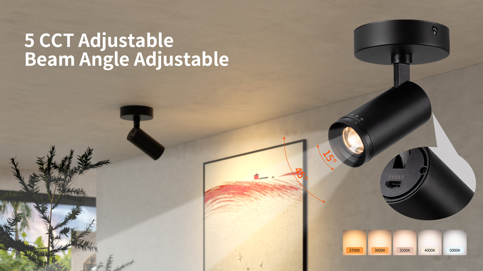 Image of mirrea 5-Color Zoomable Indoor Spot Lights,LED Ceiling Spotlight Lighting Fixtures for Room and Hallway,Accent Light for Gallery,Black Directional Lamp for Home,2700-5000K,15-45,CRI90+,Pack of 3