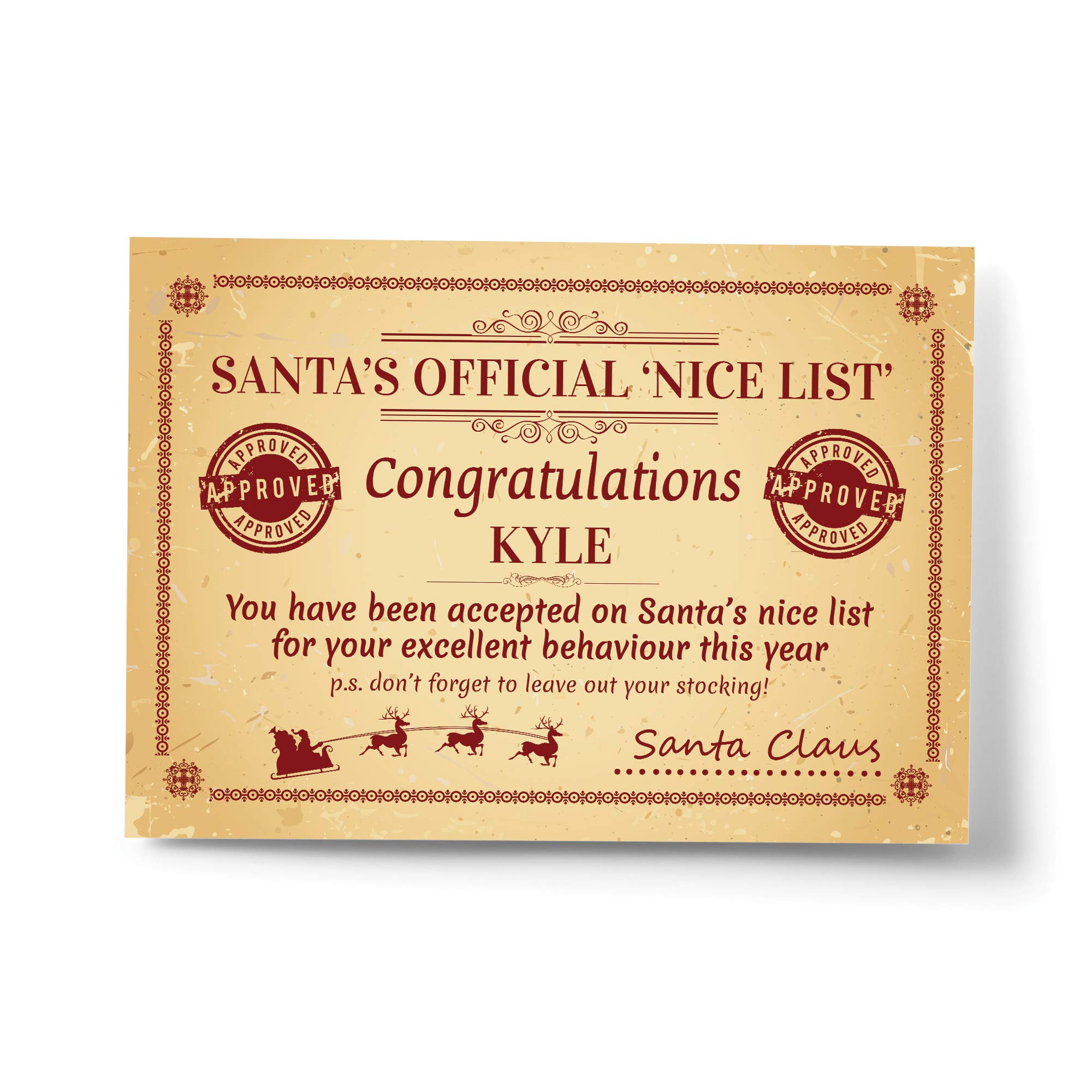RED OCEAN Personalised Official Nice List Ceritificate From Santa Novelty Idea For Children Son Daughter