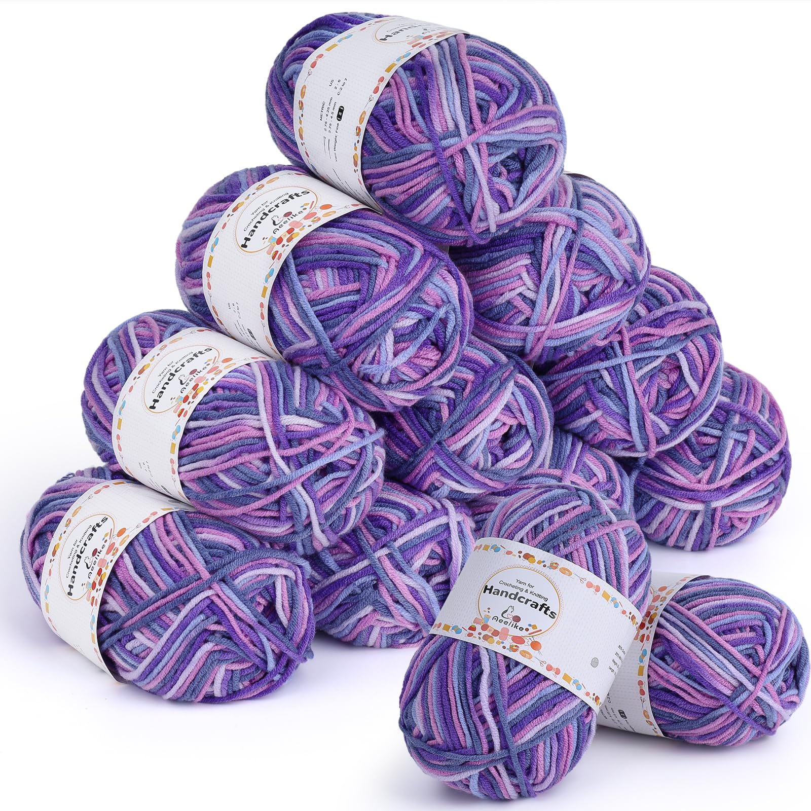 Aeelike Ombre Crochet Yarn Set 600g, 12 x 50g 5Ply Milk Cotton Soft Acrylic Yarn for Crochet Beginners, Gradient Yarn Wool for Knitting and Crocheting Amigurumi & Granny Squares, Gradient Pink Purple — image 1