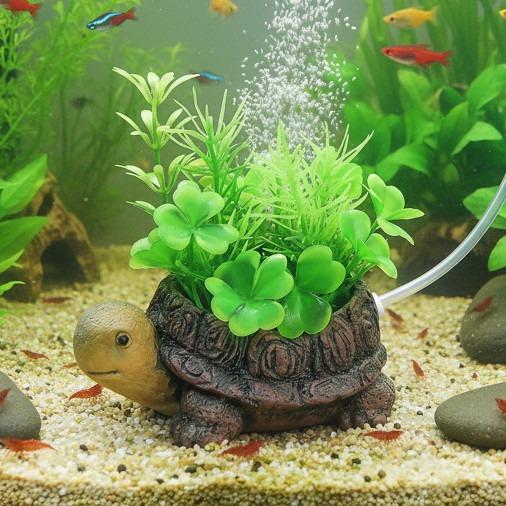 LAIMEIZI Turtle Ornament Air Stone for Fish Tank | Resin Aquarium Bubbler Decor with Oxygen Diffuser & Air Line | Silent Bubble Stone for Freshwater and Saltwater Aquariums (6.3"×4.3"×3.9")