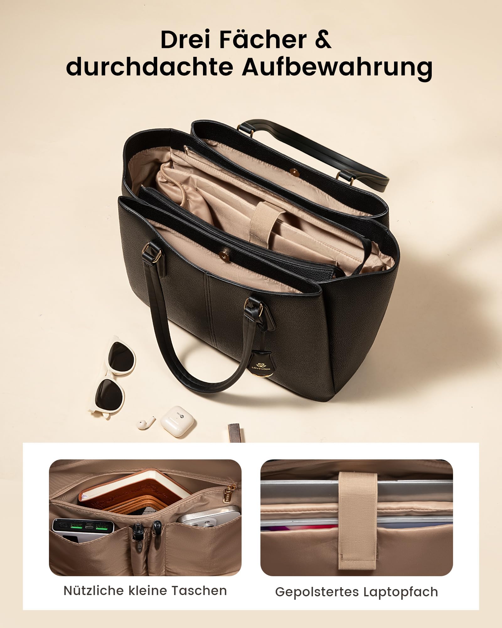 LOVEVOOK Handtasche Damen Groß, Laptoptasche, Uni & Shopper Tasche | PU Leder Arbeitstasche, Elegant Schultasche, Lehrertasche, Aktentasche, Business Taschen, Tote Bag für Büro, Schule & Reise
